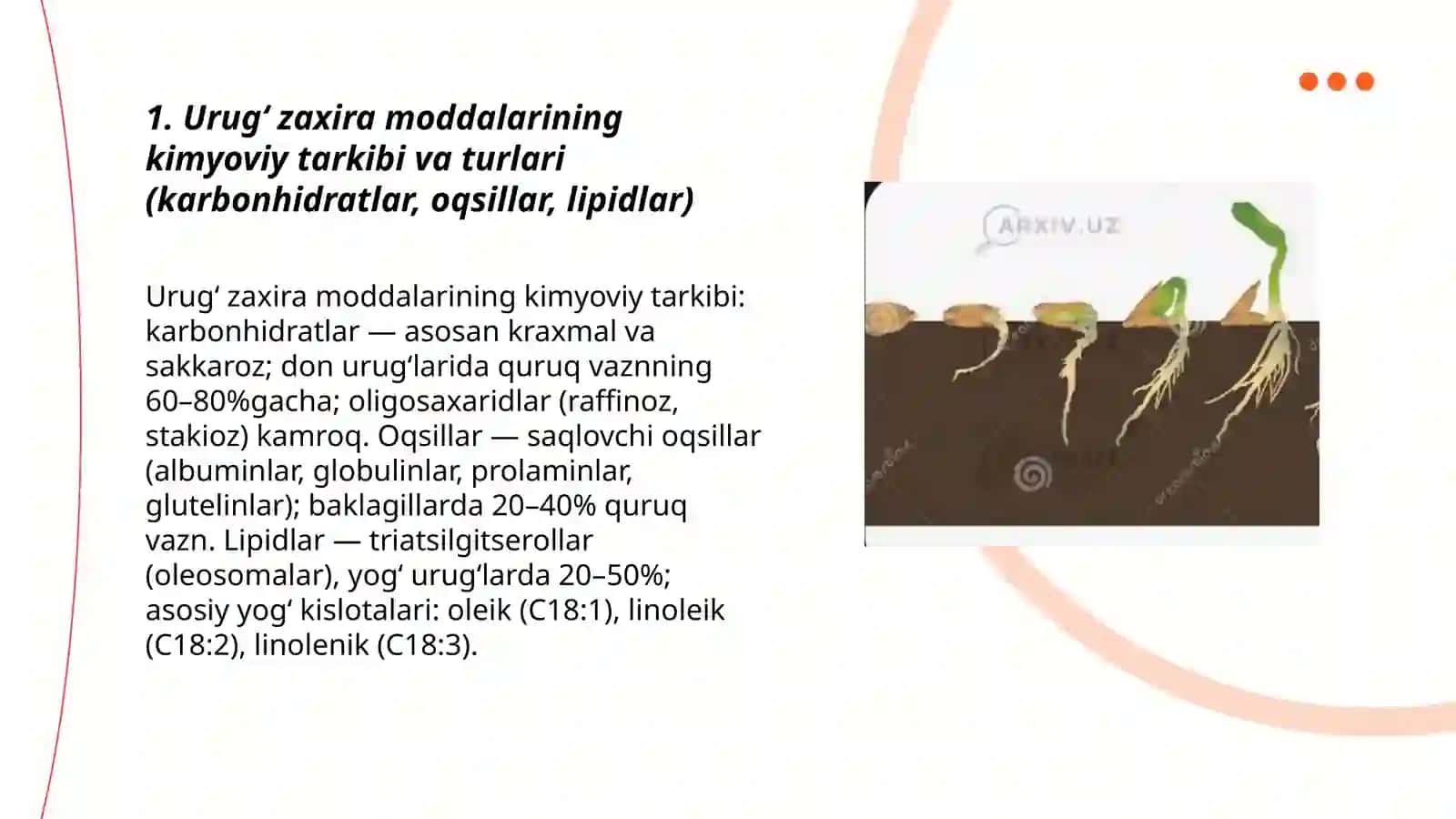 Oʻsimliklar urugʻining unib chiqishida zaxira moddalarning sarflanishining fiziologik asoslari 3