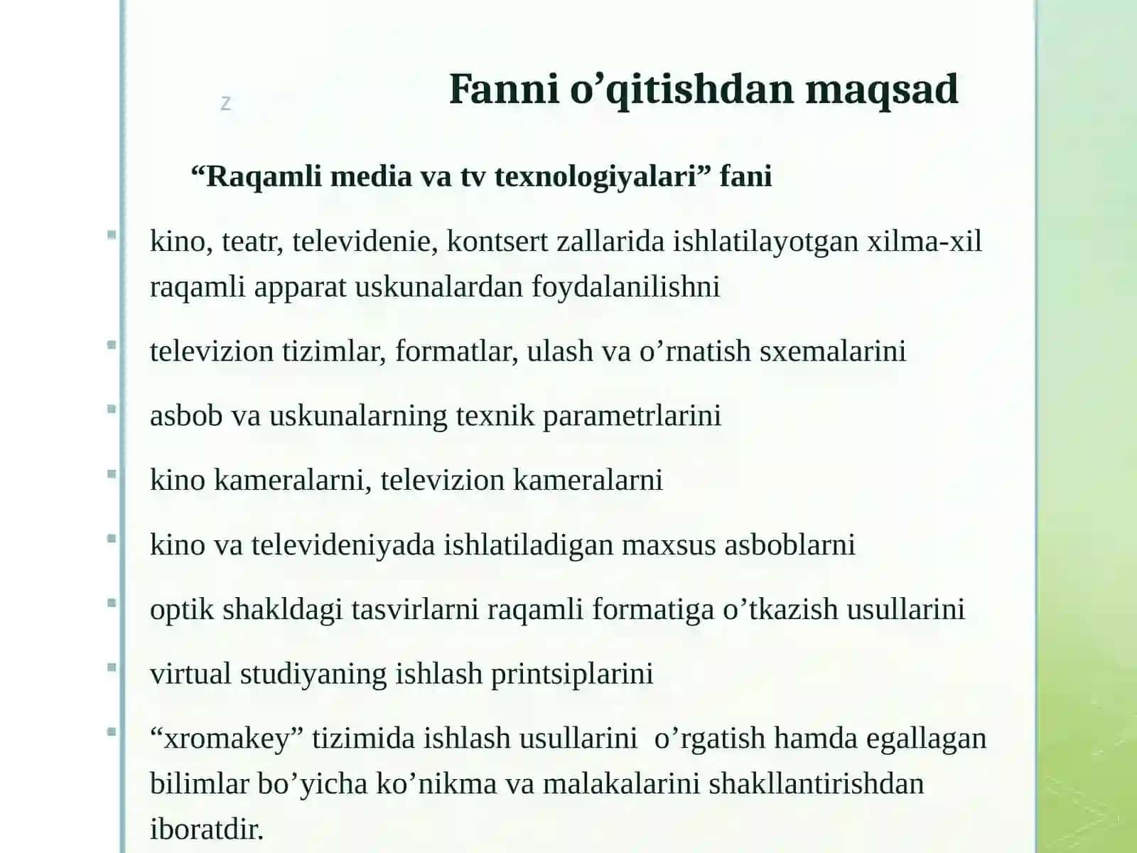 Raqamli media va TV texnologiyalar faniga kirish. Mediata’lim modellari 3