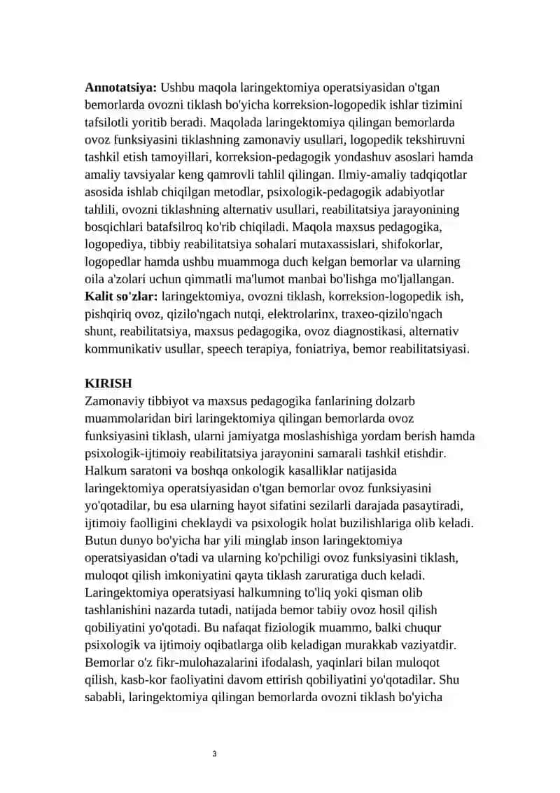 LARINGEKTOMIYA QILINGAN BEMORLARDA OVOZNI TIKLASH BO'YICHA KORREKSION ISH TIZIMI 3
