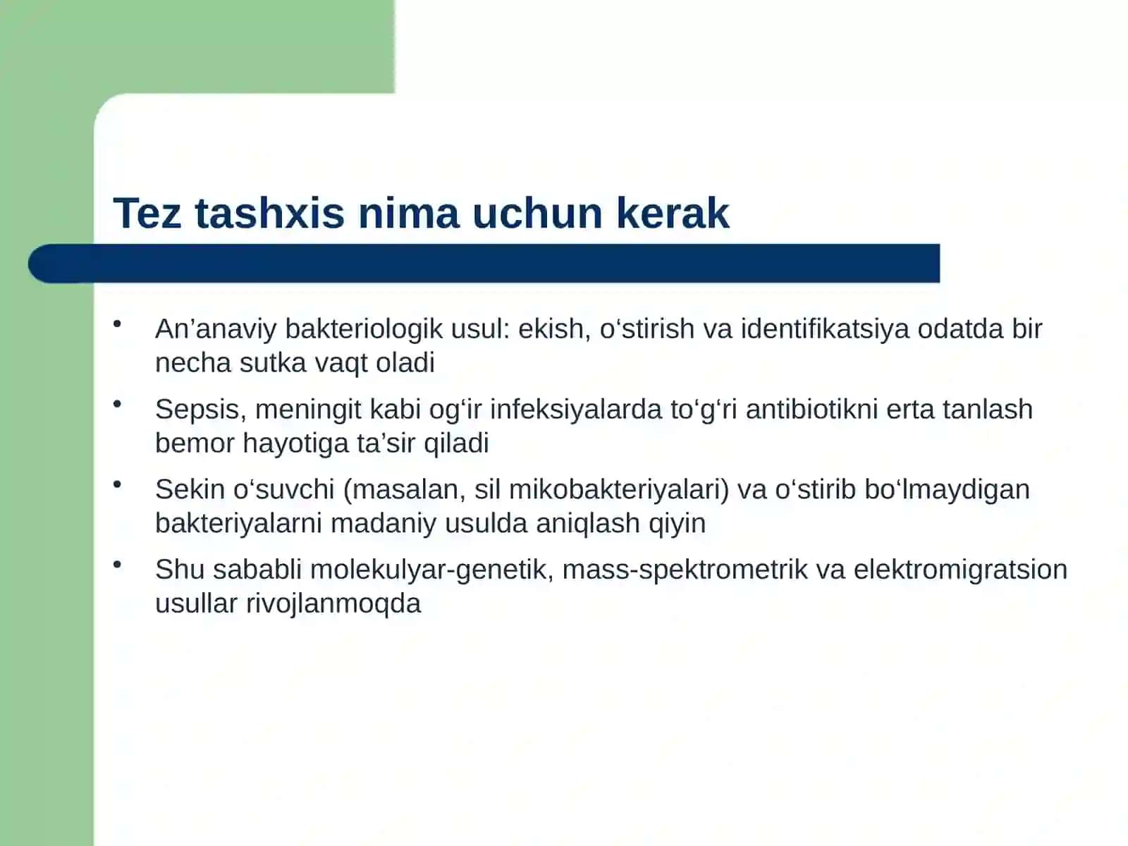 Bakteriyalami tez tashxis qo‘yishda hozirgi zamon yondashuvlari, molekulyar genetik usullari polimeraza zanjiri reaktsiyasiga asoslangan 16S ribosomali RNK. genini ketmaketlashtirish, elektromigratsiya, xususan, kapillyar zona elektroforezi va kapillyar izoelektrik fokuslash usullari 3