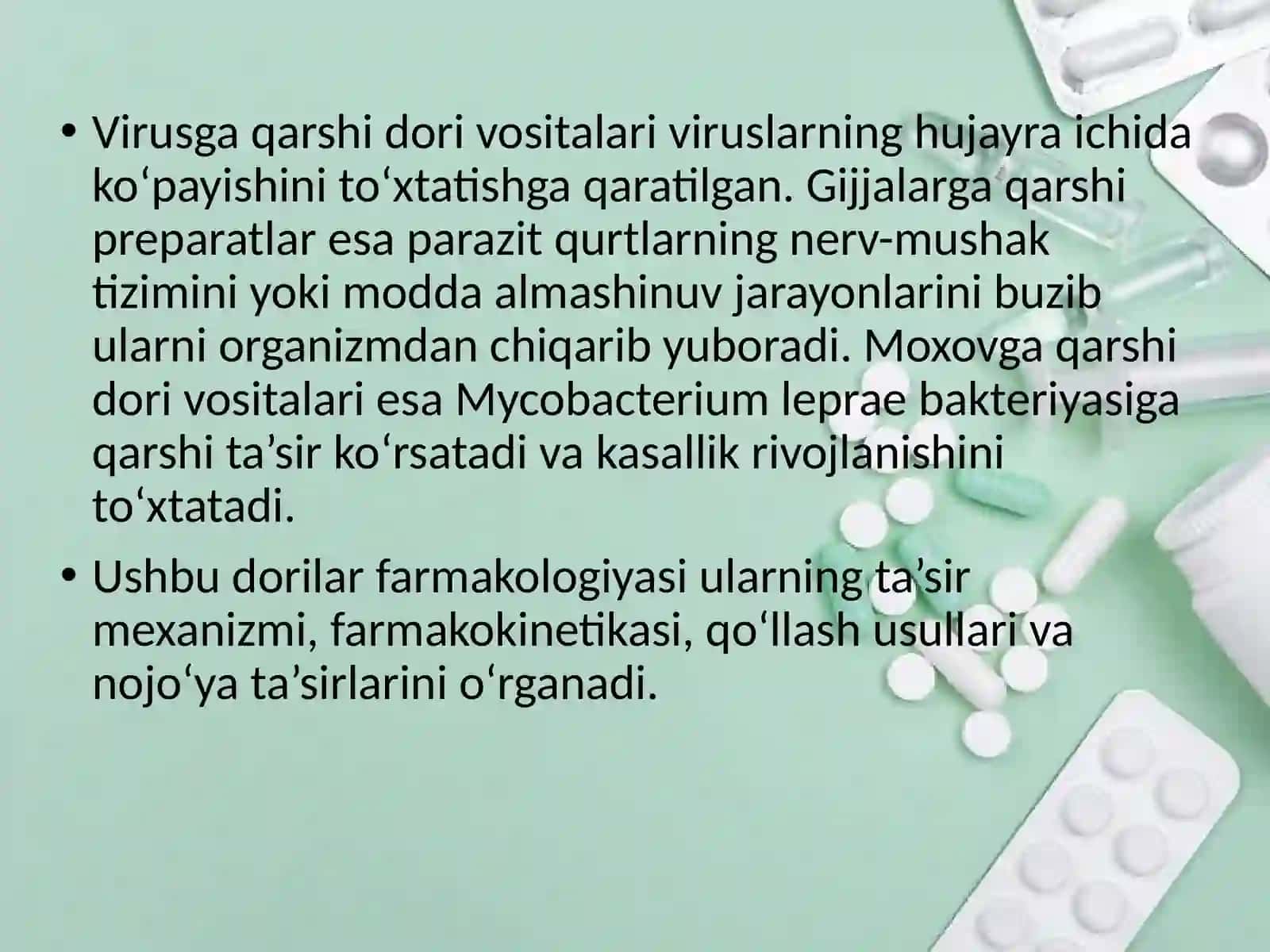 Virusga qarshi, gijja va moxovga qarshi dori vositalar farmakologiyasi 3