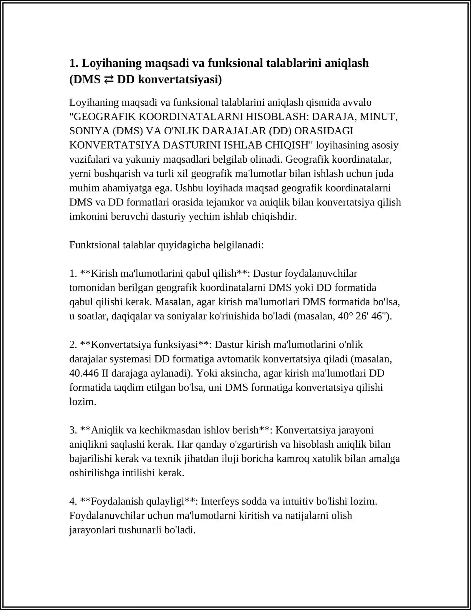 GEOGRAFIK KOORDINATALARNI HISOBLASH: DARAJA, MINUT, SONIYA (DMS) VA O'NLIK DARAJALAR DD) ORASIDAGI KONVERTATSIYA DASTURINI ISHLAB CHIQISH 3