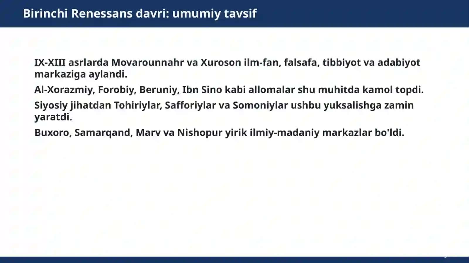 Tohiriylar, Safforiylar, Somoniylar, Temuriylar va Boburiylar Mashg'ulotturi: ma'ruza 3