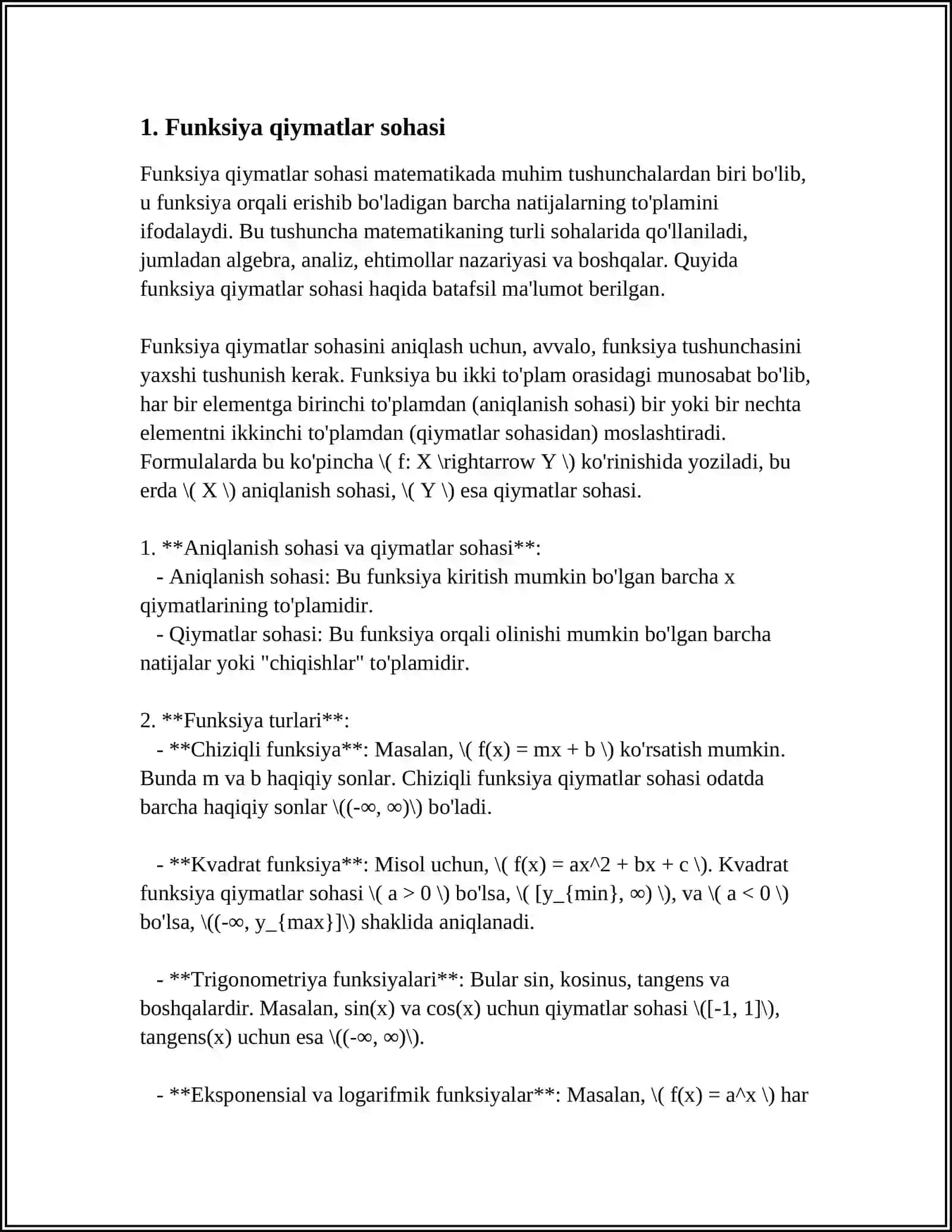 MUSTAQIL ISH Mavzu: FUNKSIYANING QIYMATLAR SOHASINI TOPISH.FUNKSIYANING JUFT TOQLIGI.FUNKSIYANING DAVRIYLIGI.FUNKSIYANING O'SISHI VA KAMAYISHI (MONOTONLIGI) TESKARI FUNKSIYANING HOSILASI 3