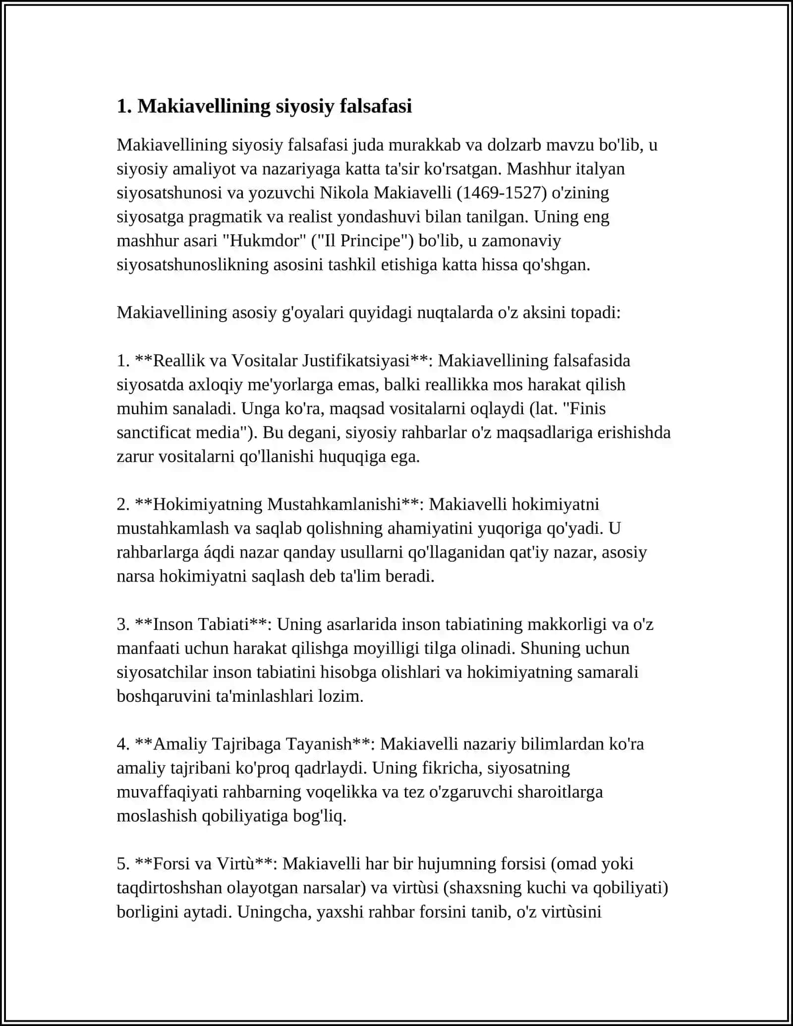 MAKIAVELLINING “ XUKMDOR” ASARI BOʻYICHA REFERAT 3