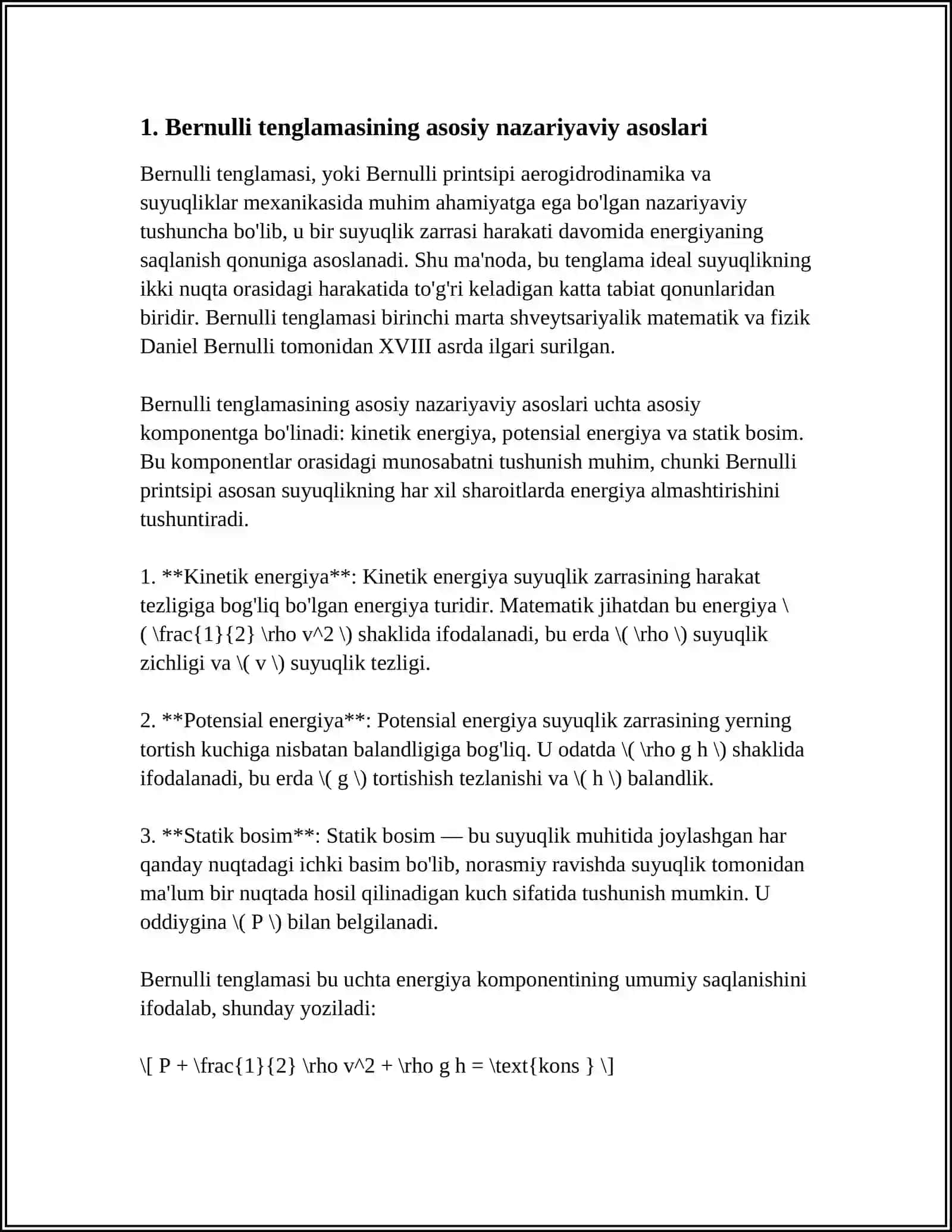 BERNULLI TENGLAMASINING GEOMETRIK VA ENERGETIK MOHIYATI MAVZUSIGA TEST TUZISH 10TA 3