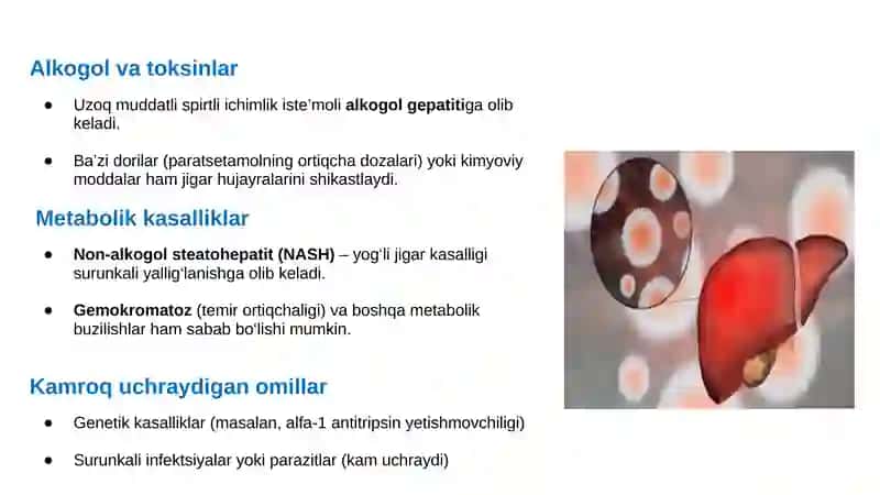 Surunkali gepatitlar. Xolesistitlarda yog'lar hazmlanishini buzilishi(steatoreya). Yog' kislotalarini alfa va Omega-oksidlanishi, ahamiyati, buzilishlari. Geteropolisaxaridlarni ontogenez va kasalliklarda o'zgarishi. 3