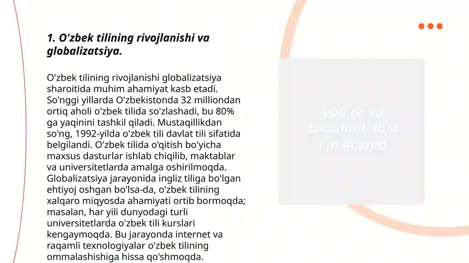 O'zbek tilining rivojlanishi va globalizatsiya. O'zbekistonning madaniy me'roslari va ularning saqlanishi. Ekoturizm va O'zbekistonning tabiiy go'zalliklari 3