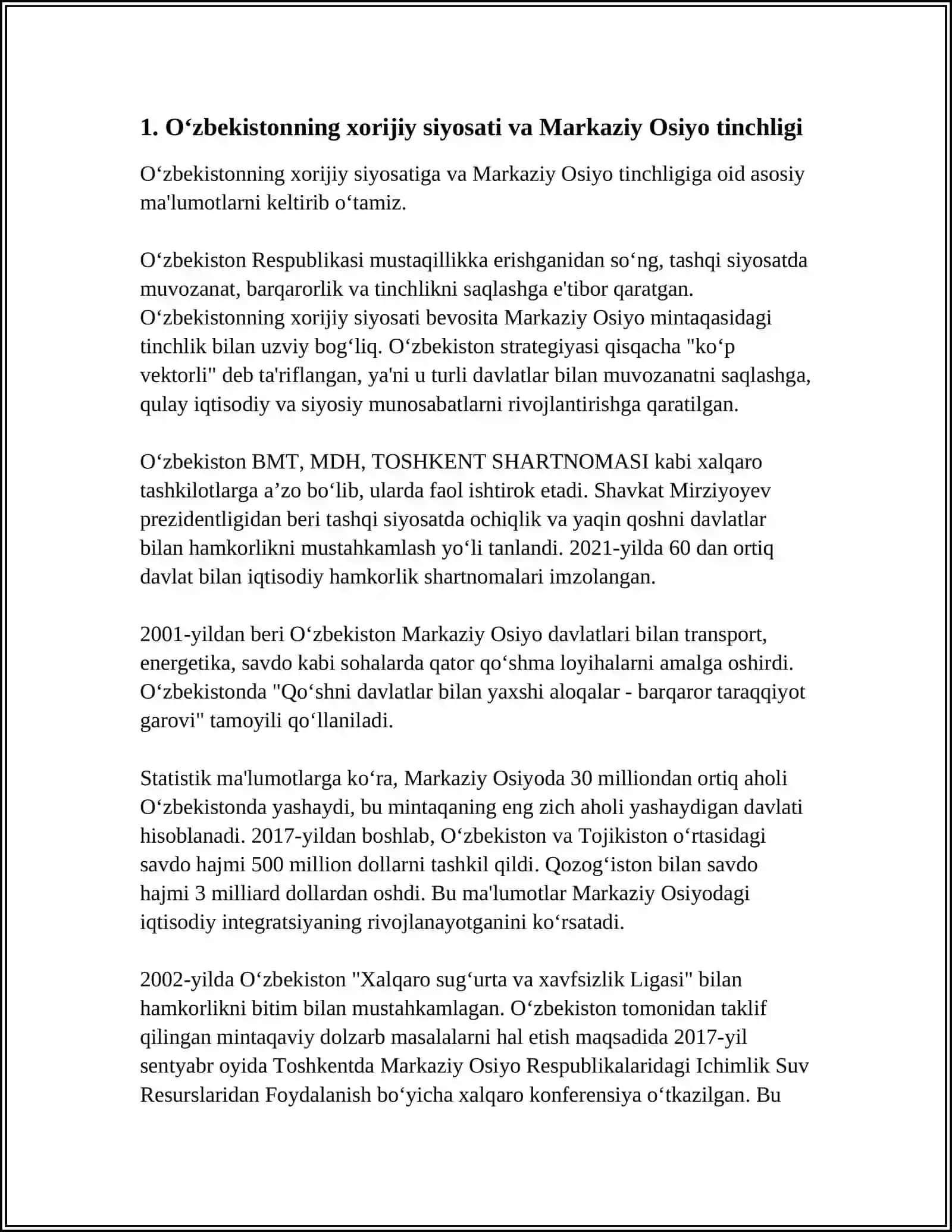 O'ZBEKISTONNING MARKAZIY OSIYODA TINCHLIK VA BARQARORLIKNI TAMINLASHDAGI O'RNI 3
