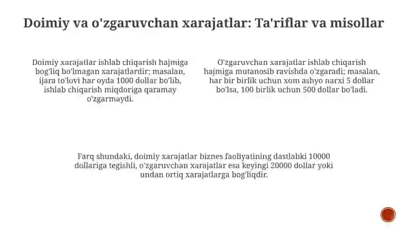 Xarajatlarni doimiy va o'zgaruvchan xarajatlar bo'yicha turkimlash 3
