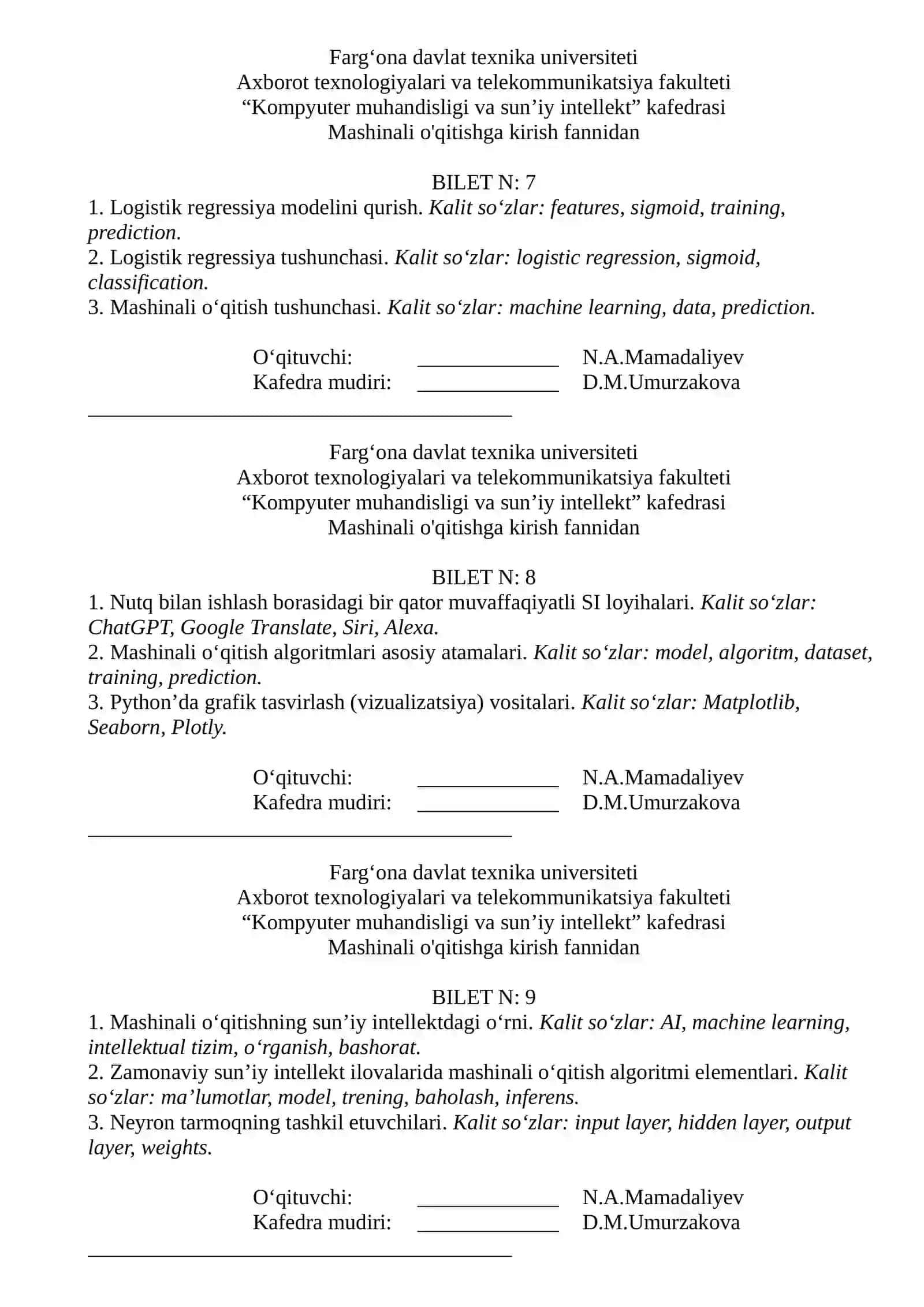 Mashinali o'qitishga kirish fannidan - Bilet N: 1 3
