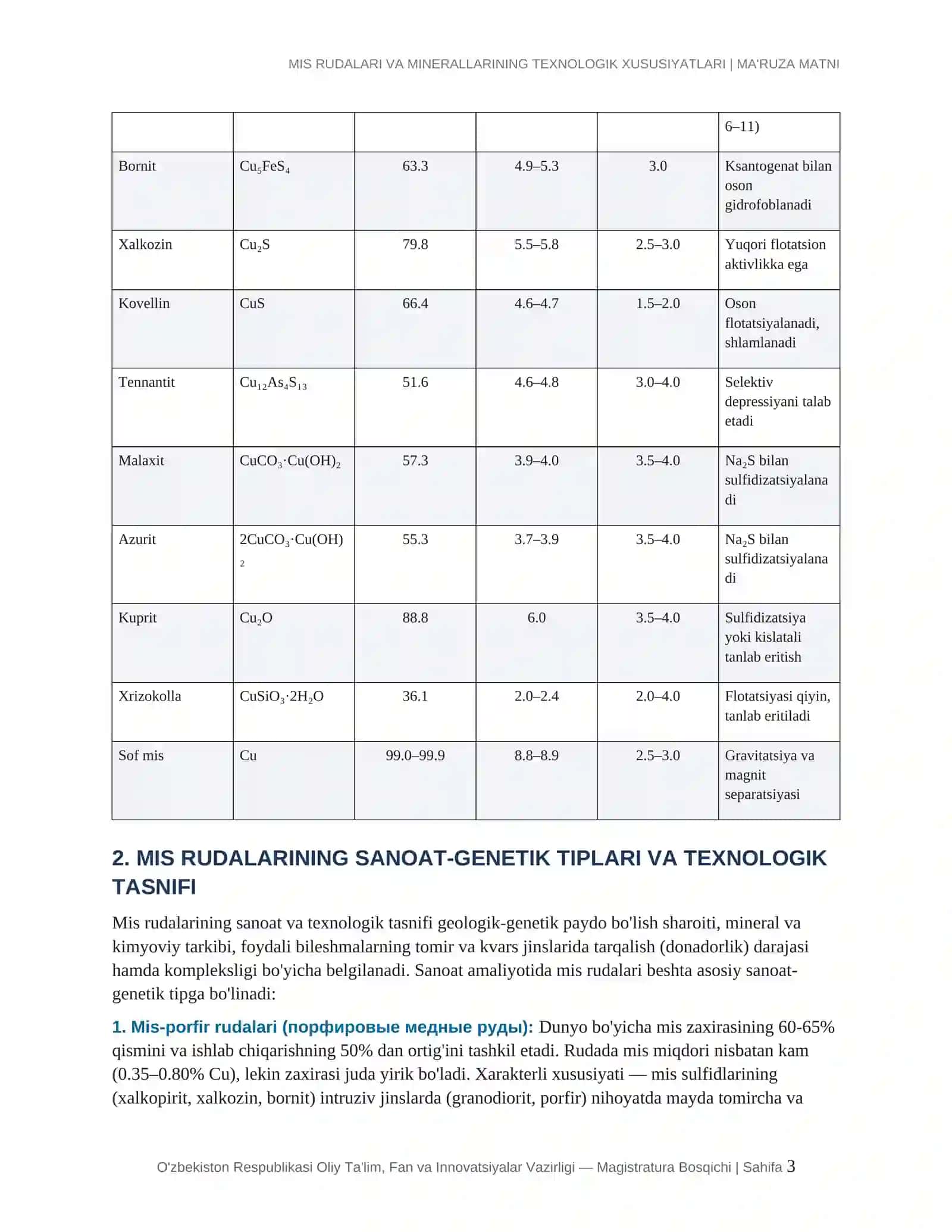 MIS RUDALARI VA MINERALLARINING TEXNOLOGIK XUSUSIYATLARI | MA'RUZA MATNI 3