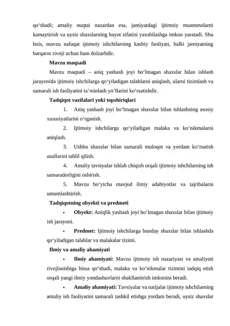 Aniq yashash joyi bo'lmagan shaxslar bilan ishlashda ijtimoiy ishchilarga qo'yiladigan talablar 3