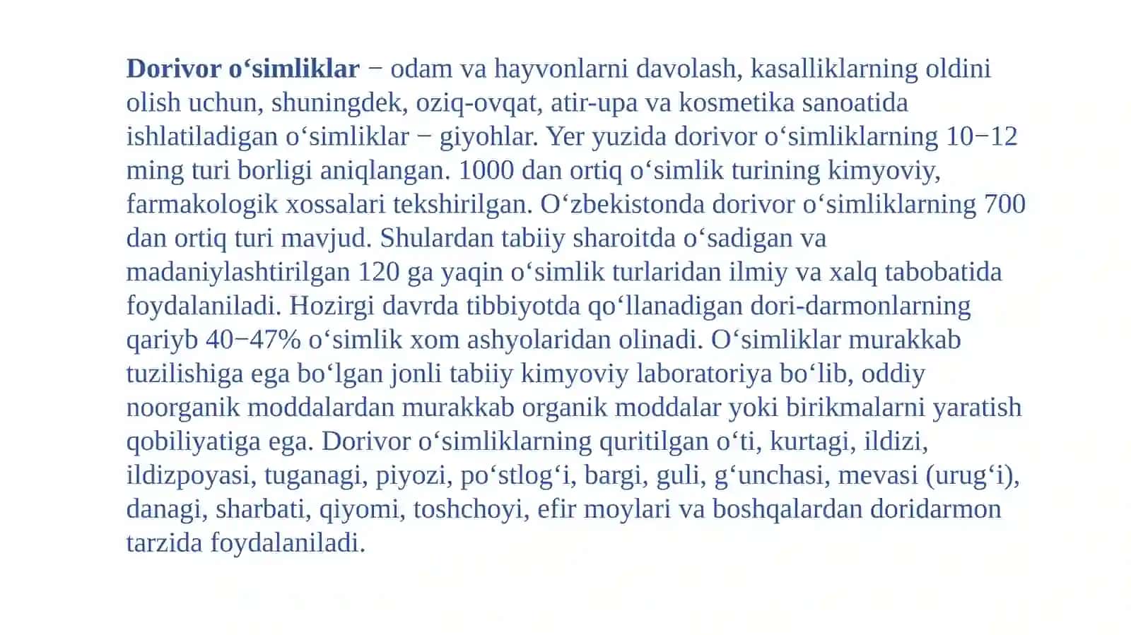 Dorivor xom ashyosi  barg  hisoblangan o‘simliklarni o‘rganish. 3