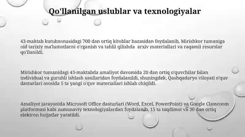 Mirishkor Tumanidagi 43-maktabdagi amaliyot taqdimoti 3