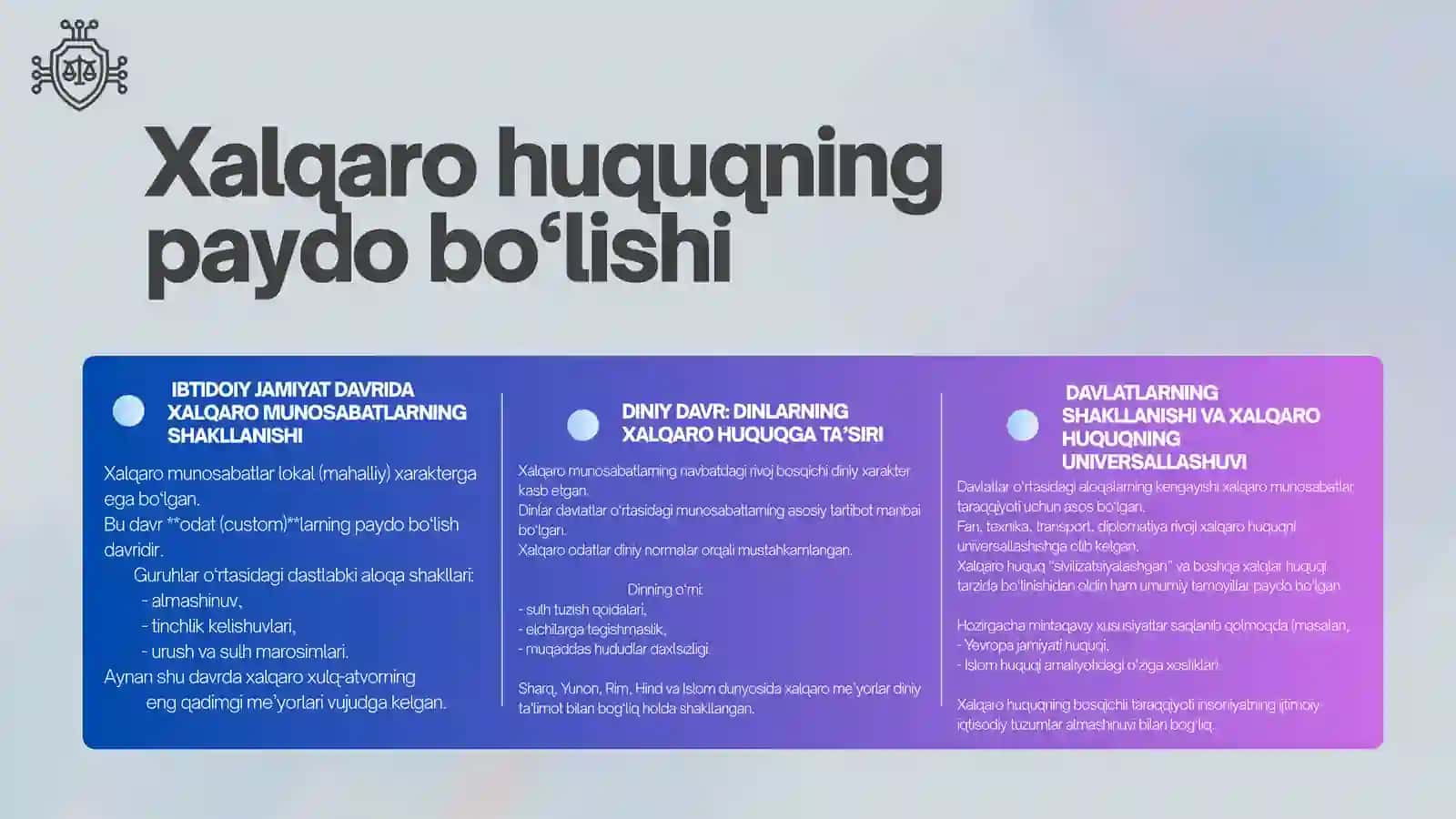 Xalqaro ommaviy huquq tushunchasi, predmeti, obyekti va tizimi.  Xalqaro ommaviy huquq asoslari 3