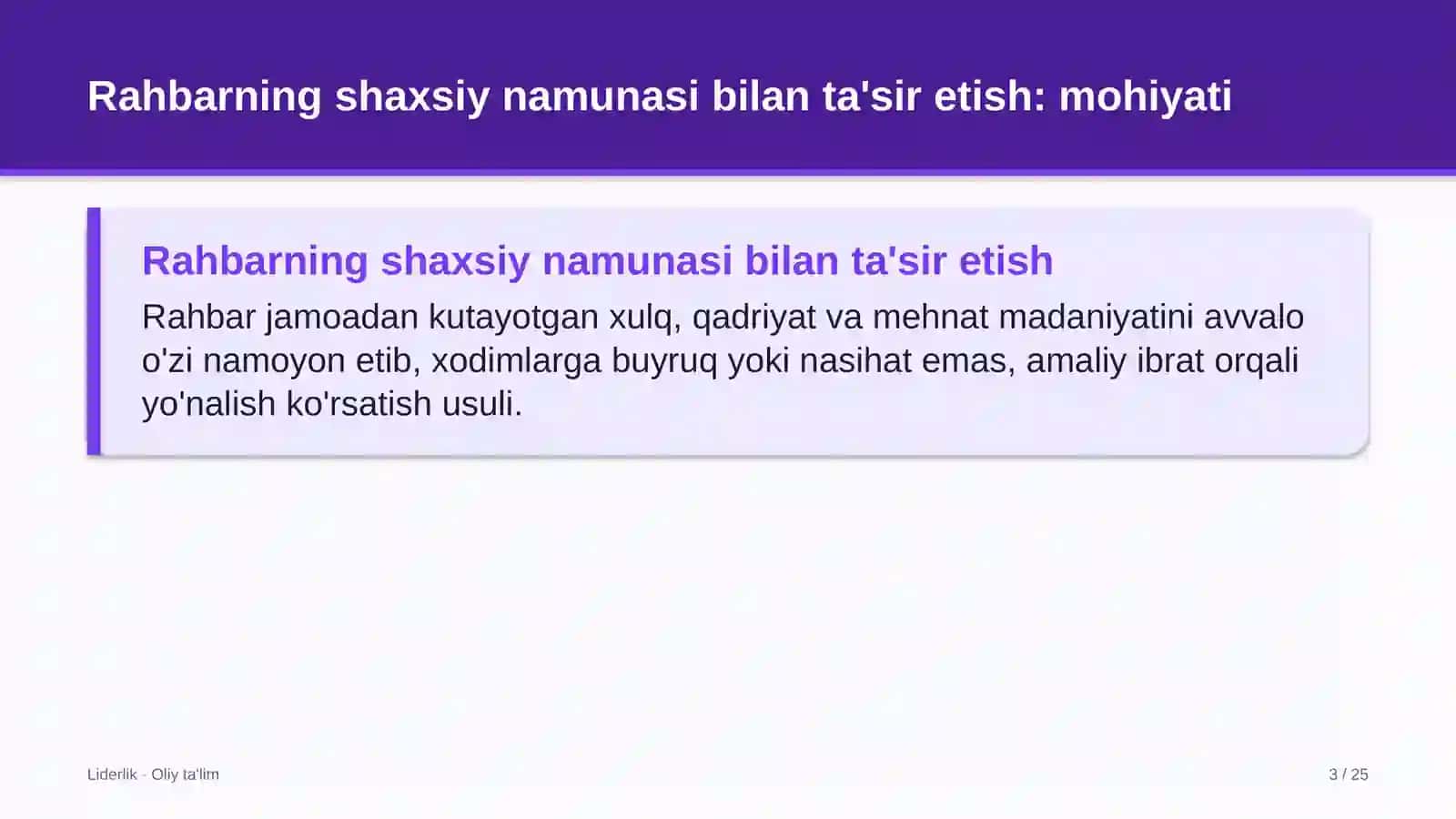 standartlashtirish va sertifikatlashtirish organlarida rahbarning shaxsiy namunasi orqali ta'sir etish 5121 3