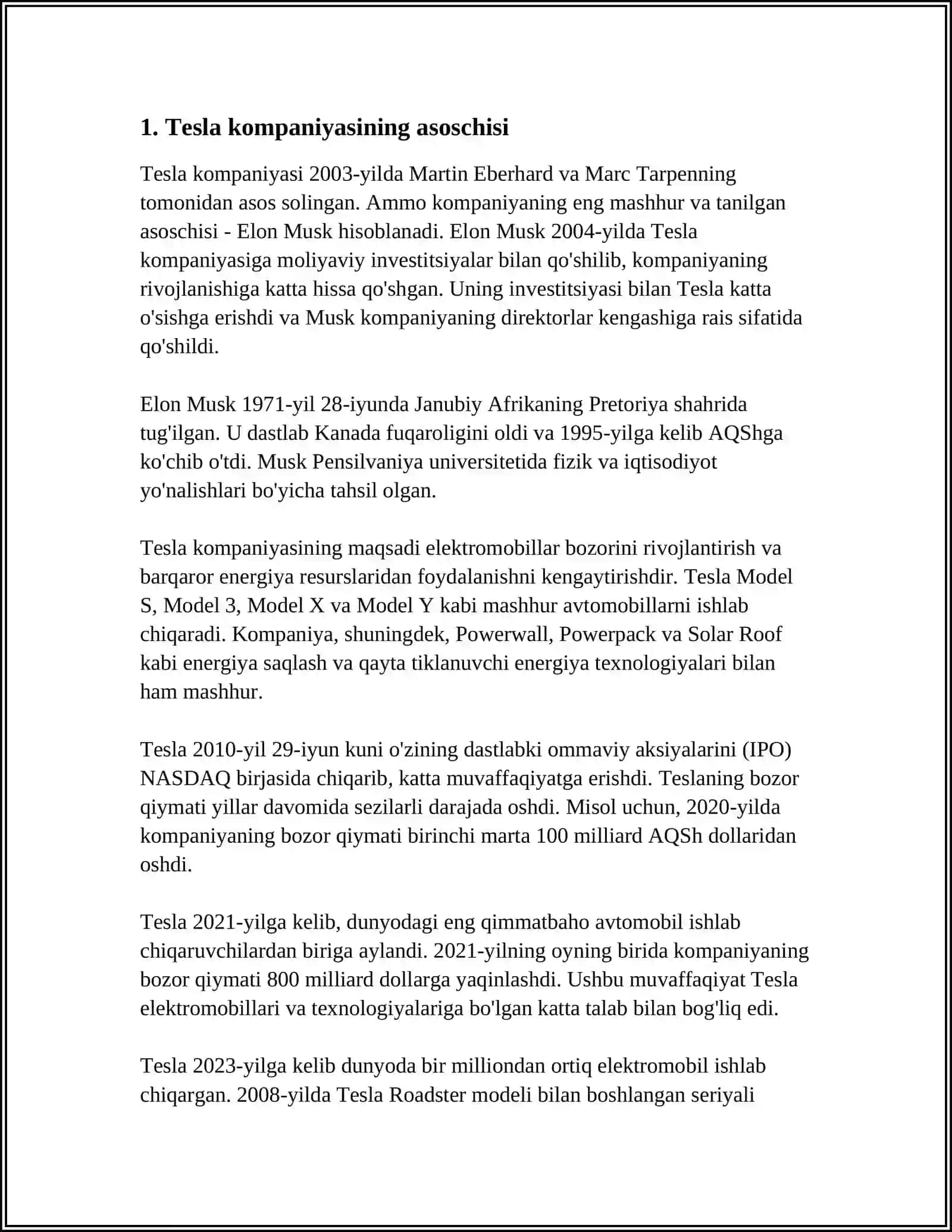 MUSTAQIL ISH Mavzu: TESLA KOMPANIYASI TASHKIL TOPISHI 3