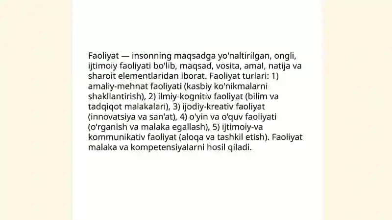 Faoliyatning oʻzlashtirilishi va malakalarini egallash 3