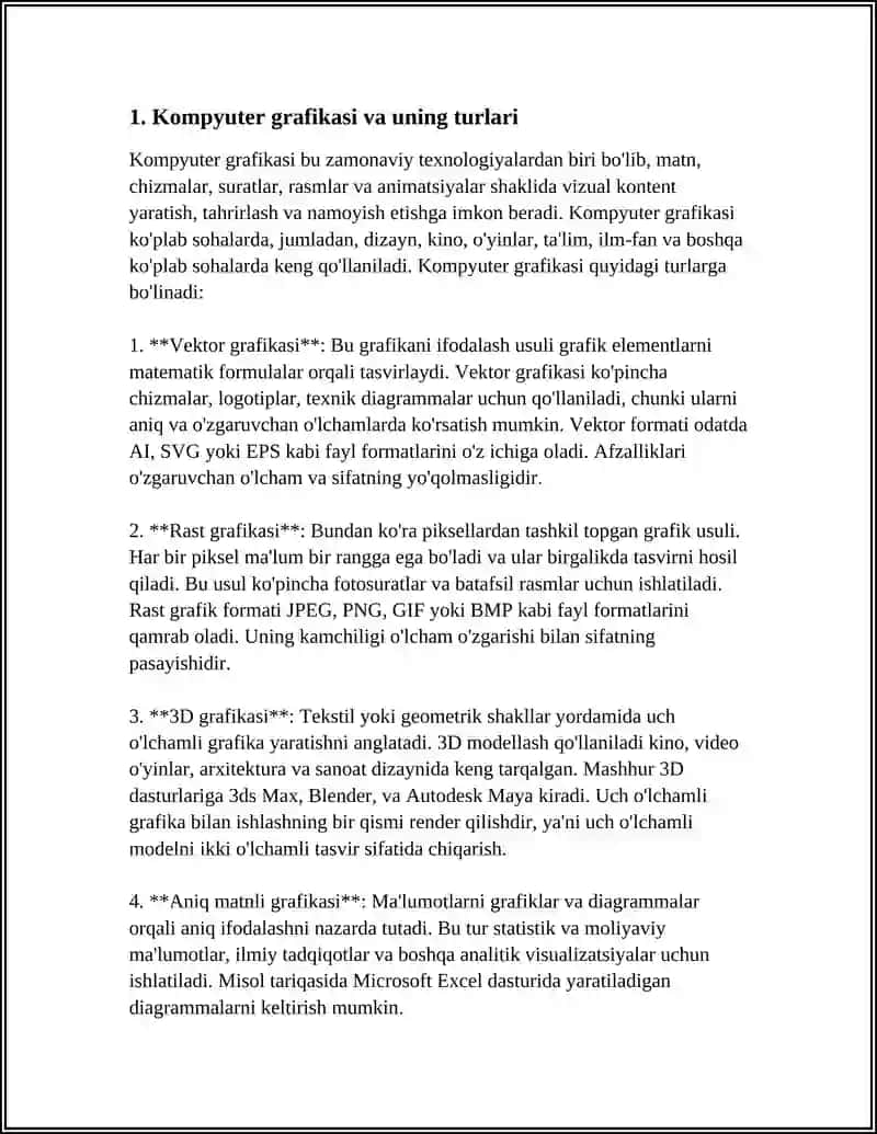 KOMPYUTER GRAFIKASI VA ULARNING TURLARI. RASRTLI GRAFIKA.RASRTLI GRAFIKA DASTURLARI.VEKTORLI GRAFIKA VEKTORLI GRAFIKA DASTURLARI.FRAKTAL GRAFIKA 3