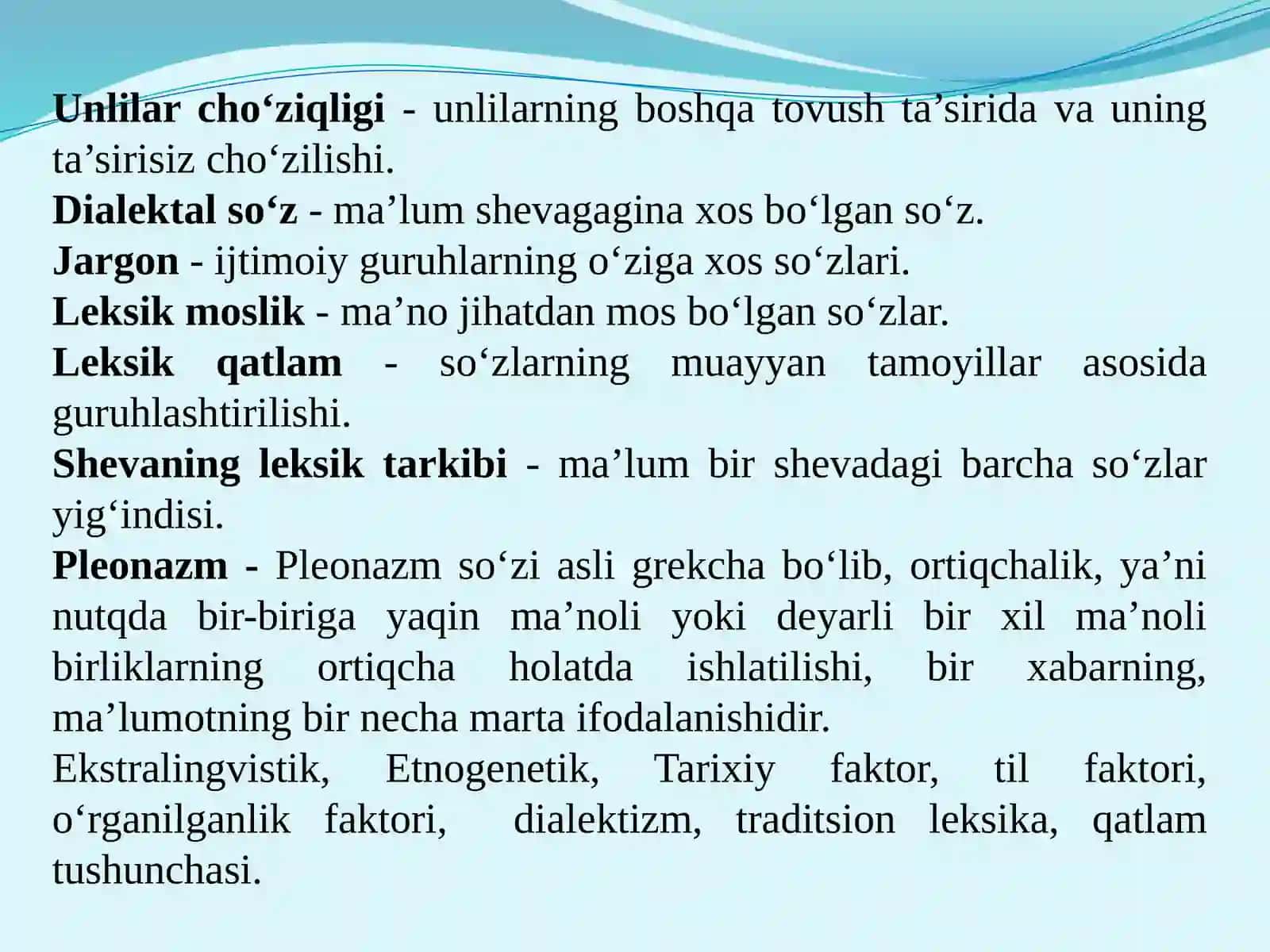Shevalarning fonetik xususiyatlari. Shevalarda fonetik qonunlar. Shevalarda fonetik jarayonlar. O‘zbek shevalari leksikasi 3