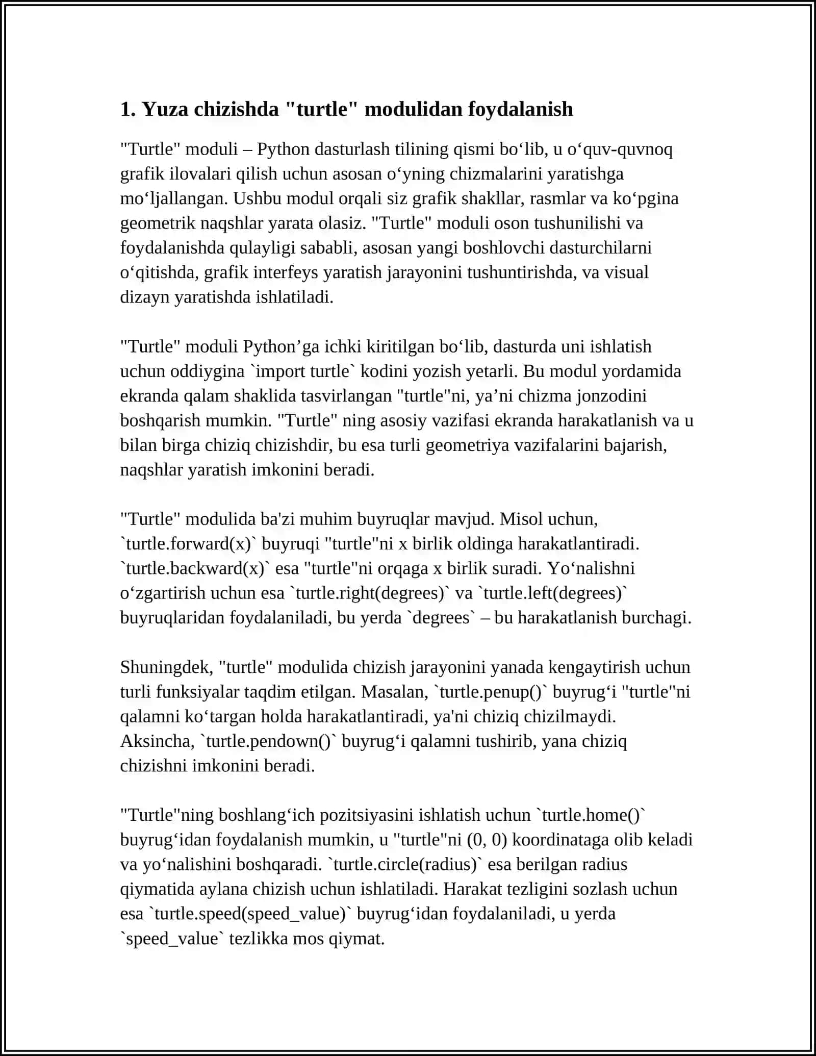 TURTLE MODULLI BILAN ISHLASH VA DASTURLAR YOZISH 3