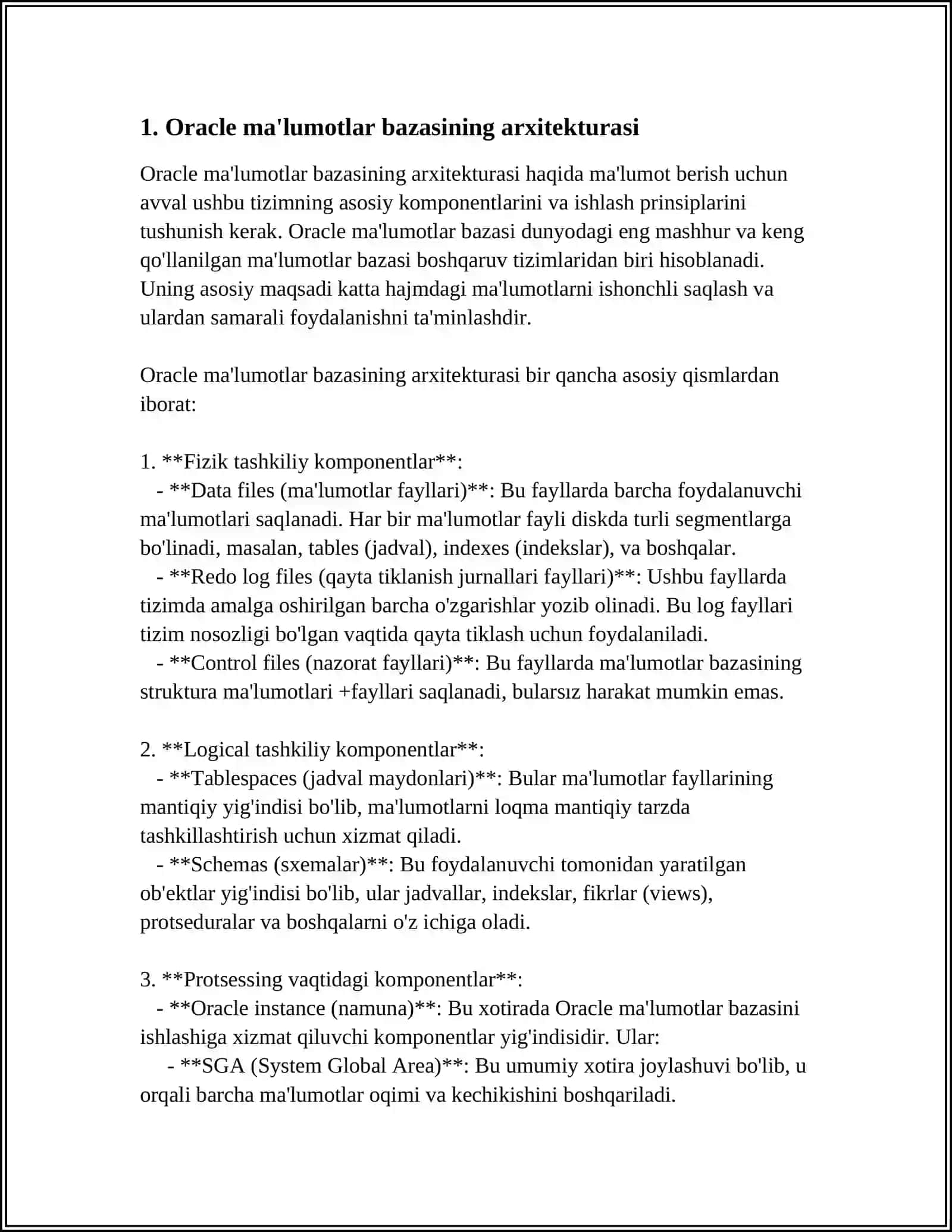 ORACLE MAʼLUMOTLAR BAZASINI BOSHQARISH TIZIMLARINING ISHLASH TEXNOLOGIYALARI 3