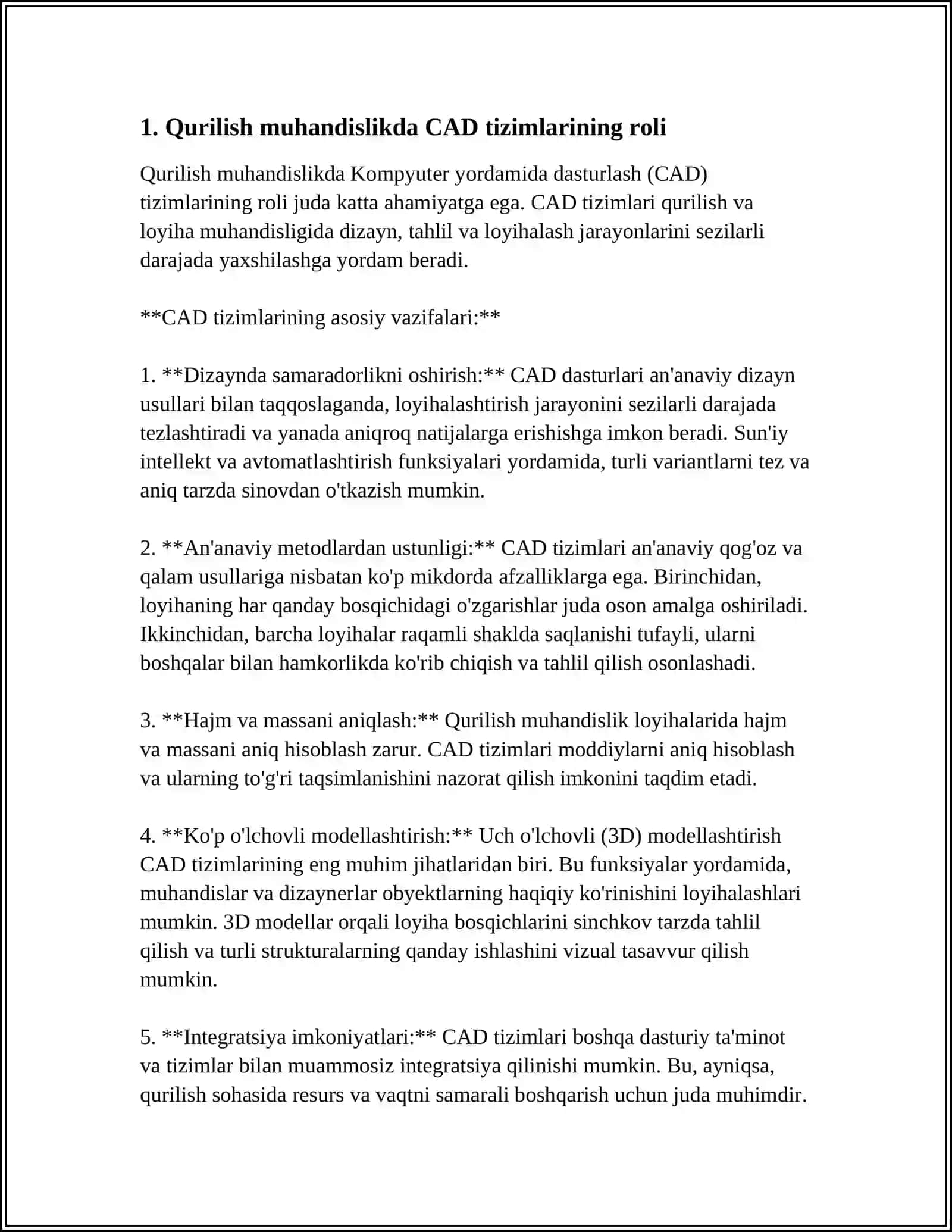 MUSTAQIL ISH Mavzu: QURILISH MUHANDISLIK CAD TIZIMLARINI AVZALLIKLARI MISOLLAR. ISHLARIDA QO'LLASH 3