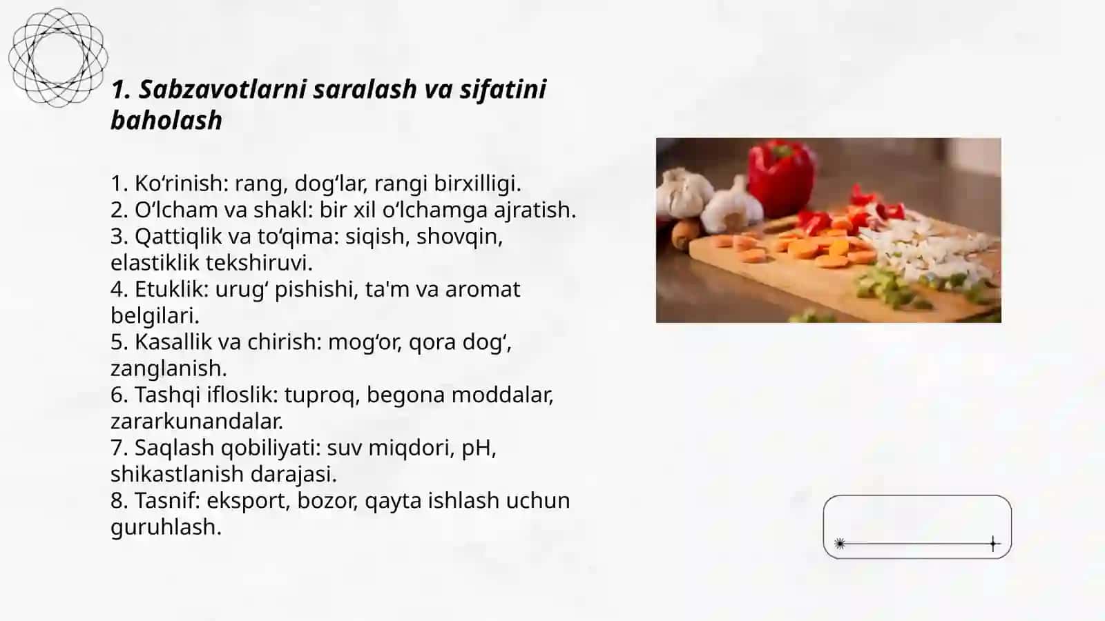 Sabzavotlarga birlamchi ishlov berish va turli taomlar uchun to'rg'ash usullari 3