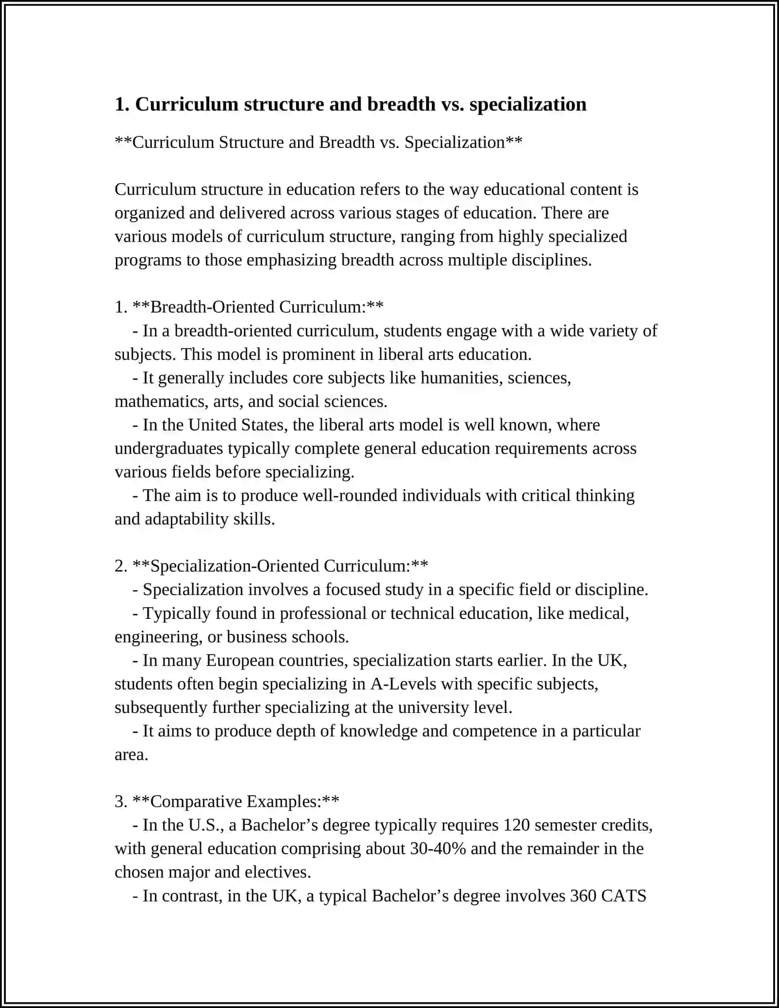 Curriculum Structure and Breadth vs. Specialization 3
