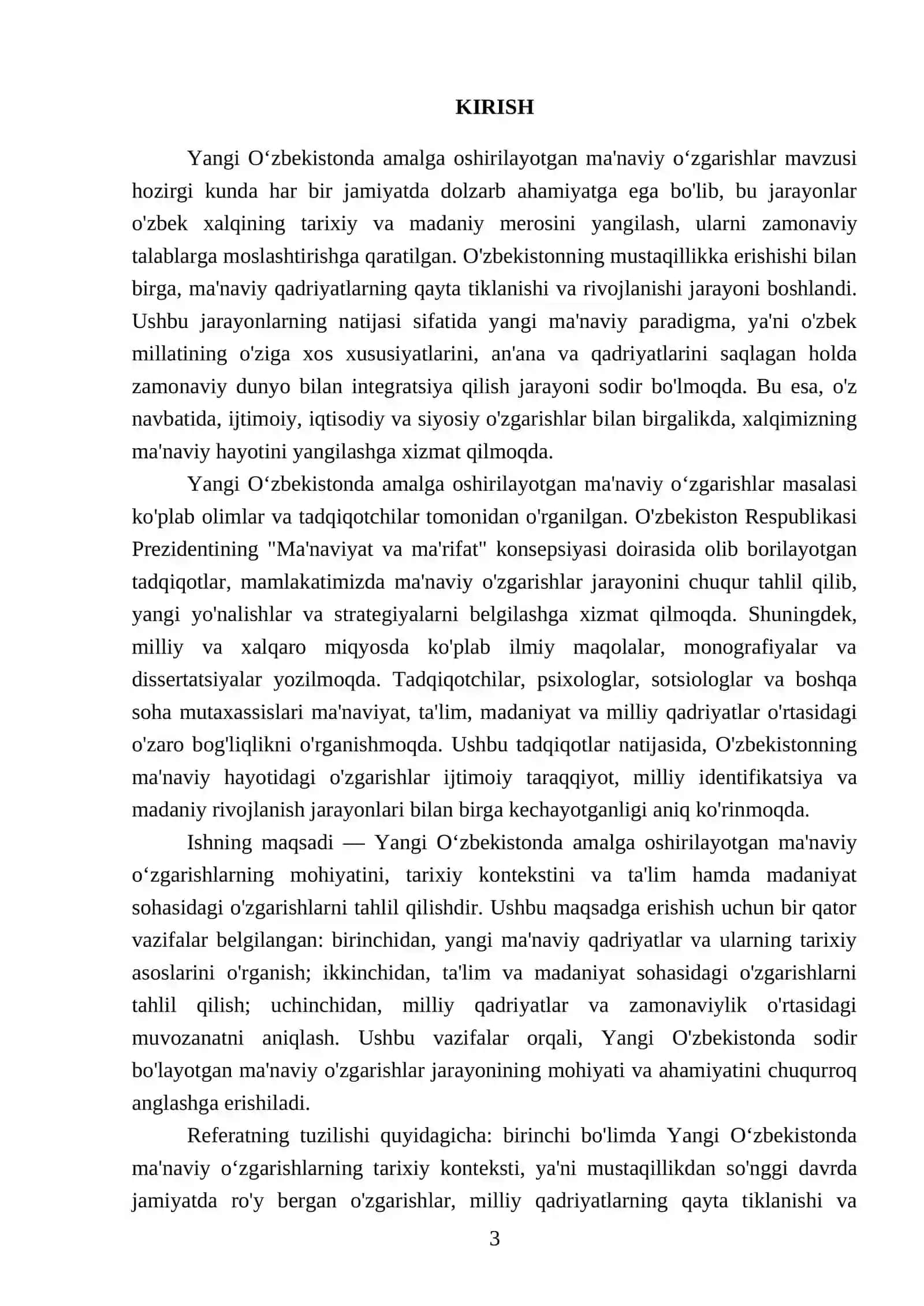 Referat: Yangi Oʻzbekistonda amalga oshirilayotgan ma'naviy oʻzgarishlar 3