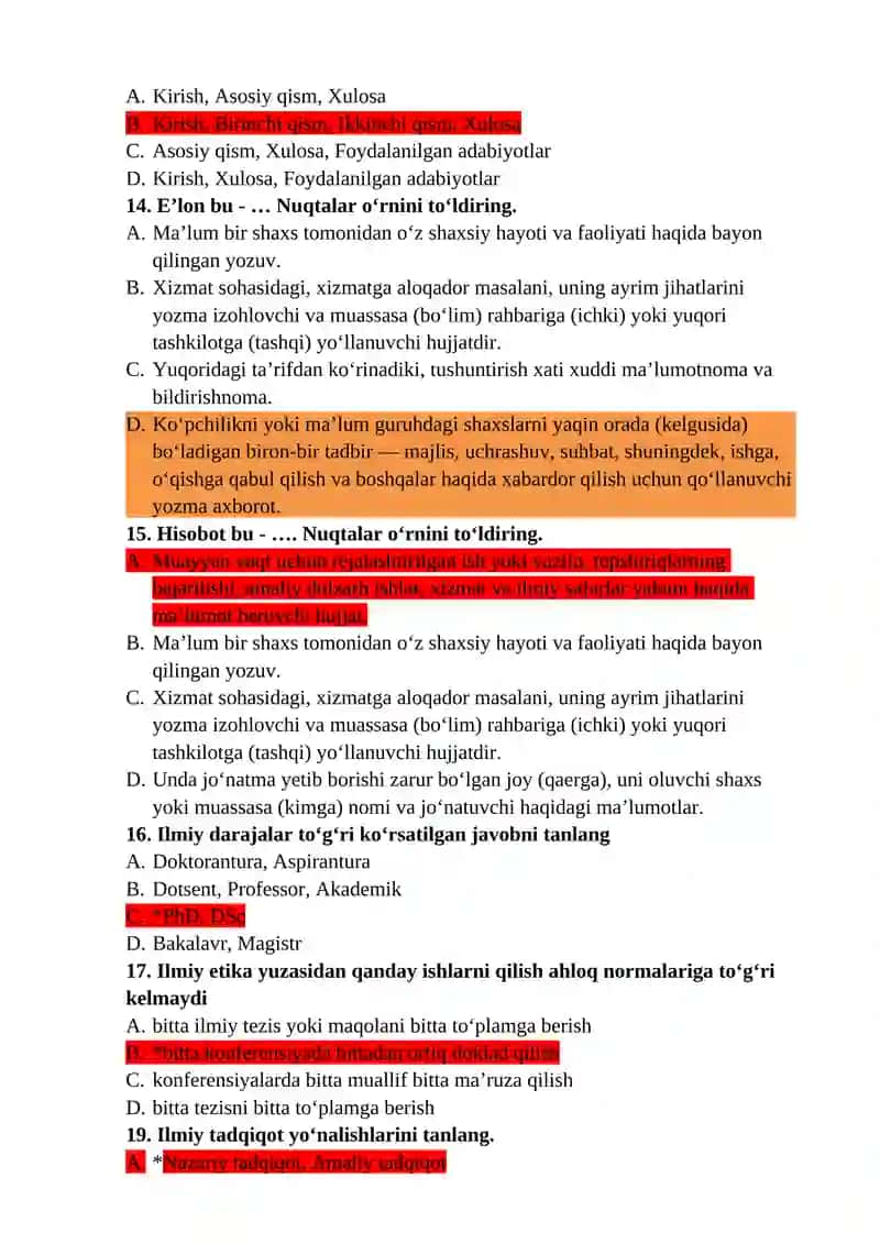 YOZISH VA TAQDIMOT QILISH KO’NIKMALARI FANIDAN 2-CHI MUSTAQIL TA’LIM SHAKLI (TEST SAVOLLARI) 3