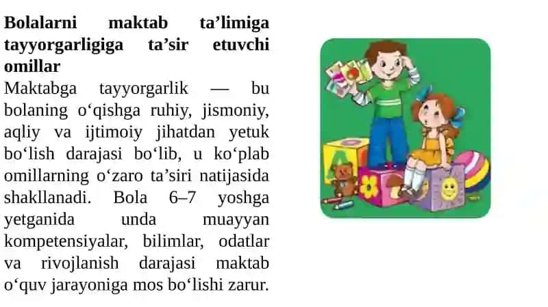Bolalarni maktab ta'limiga tayyorgarligiga ta'sir e'tuvchi omillar. 3