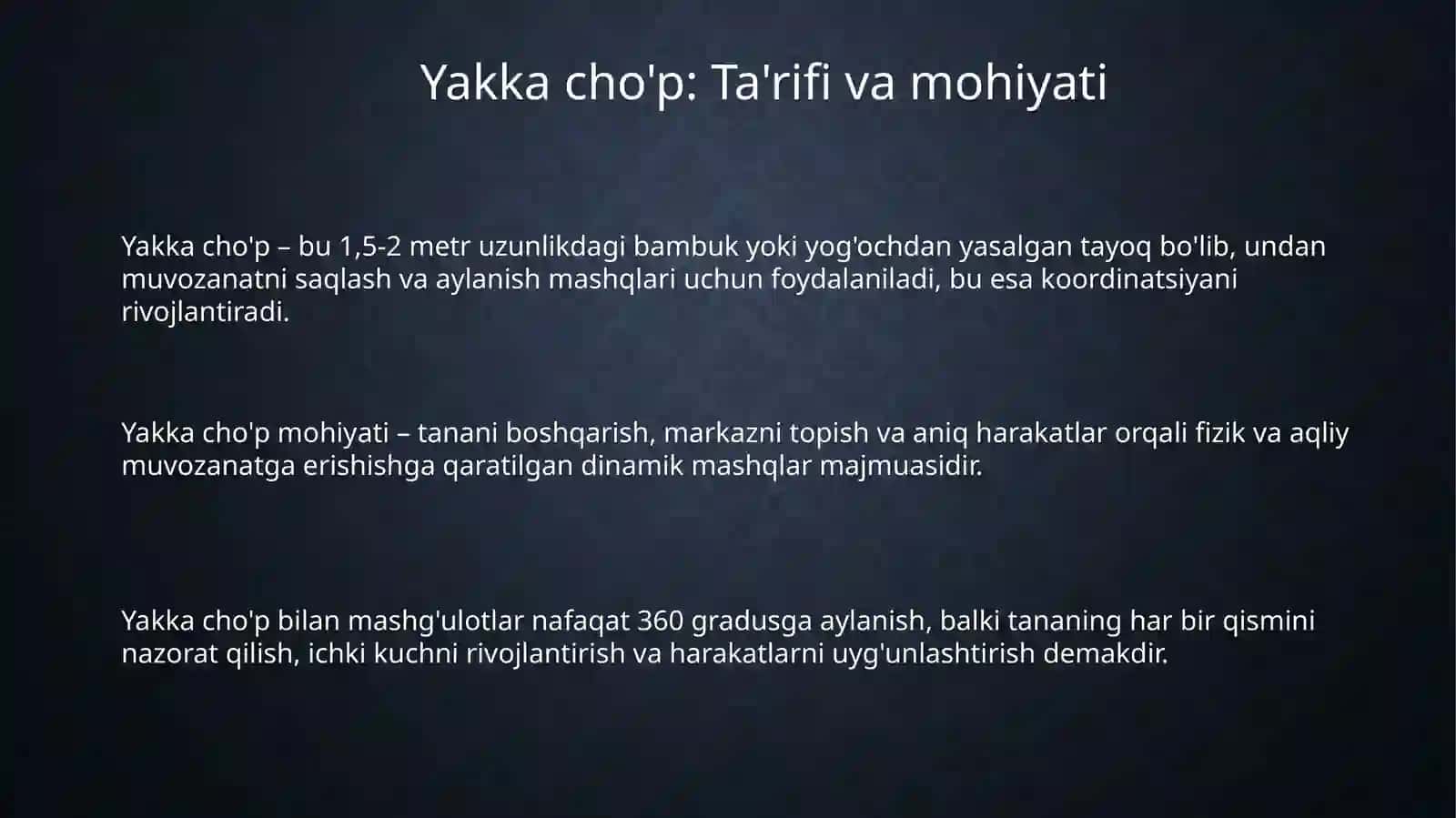 Yakka cho‘p: burilish, aylanish muvozanat ushlash mashqlari 3