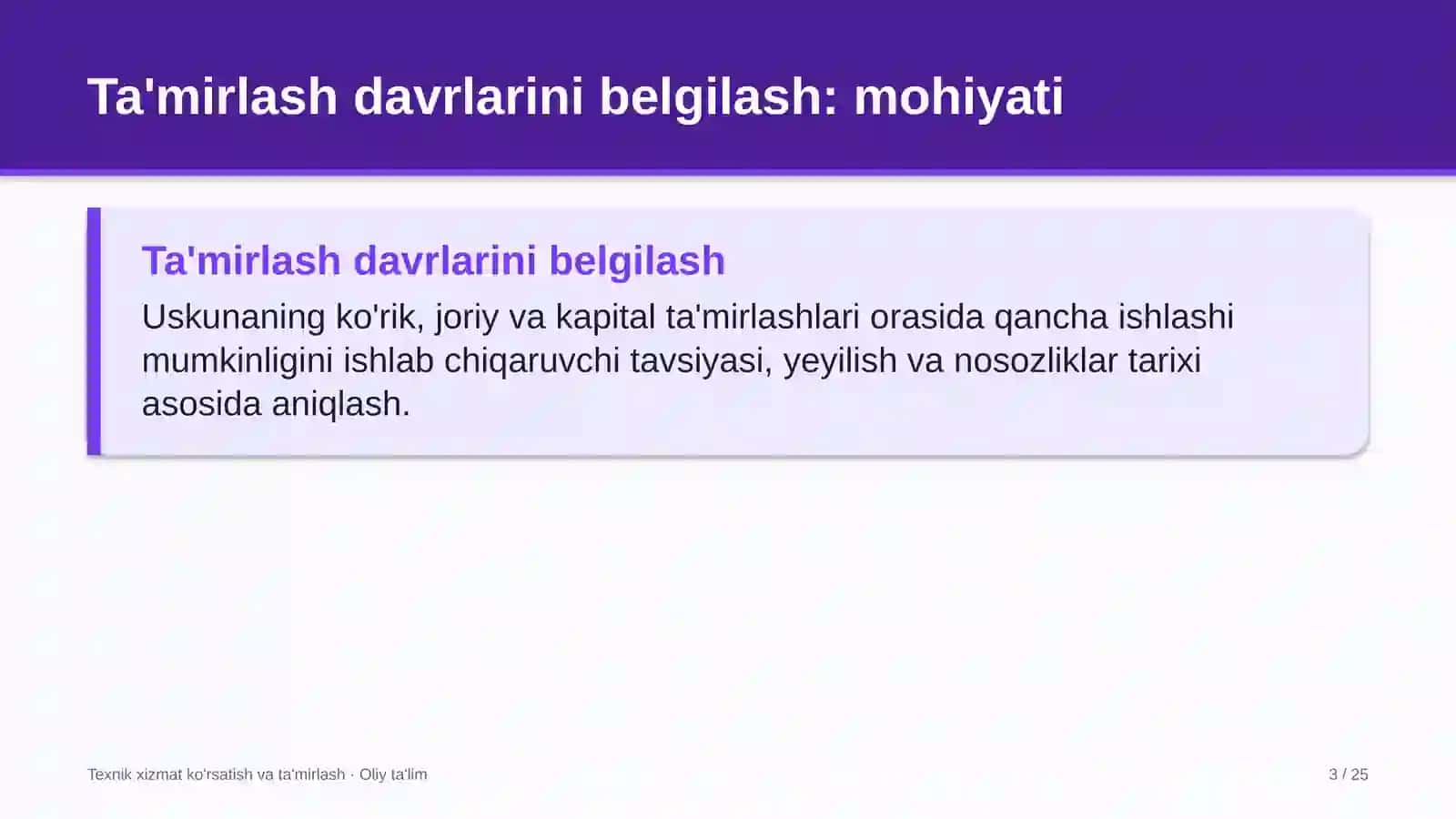 oziq ovqat do'konlarida uskunalarni ta'mirlash davrlarini belgilash 6685 3