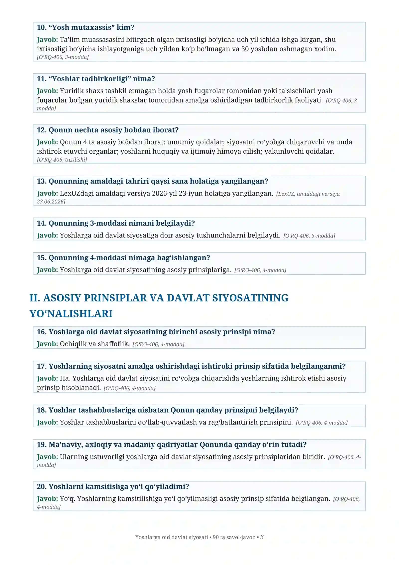 Yoshlarga oid davlat siyosati | 90 ta savol-javob | O‘zbekiston qonunlari asosida 3