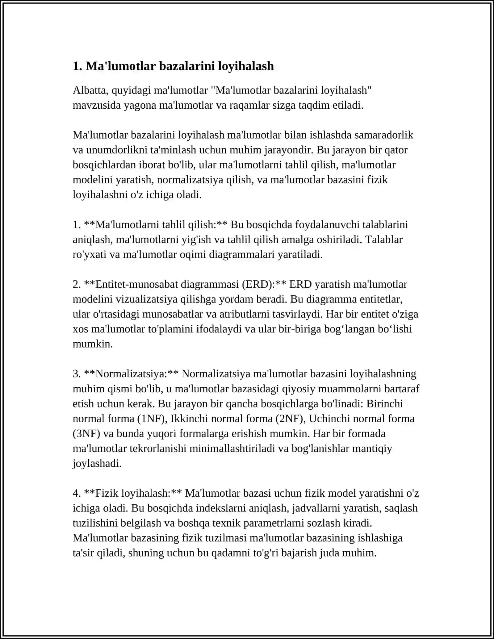 MUSTAQIL ISH Mavzu: MAʼLUMOTLAR BAZALARI VA KATTA HAJMDAGI MAʼLUMOTLAR BILAN ISHLASH TEXNOLOGIYALARI 3