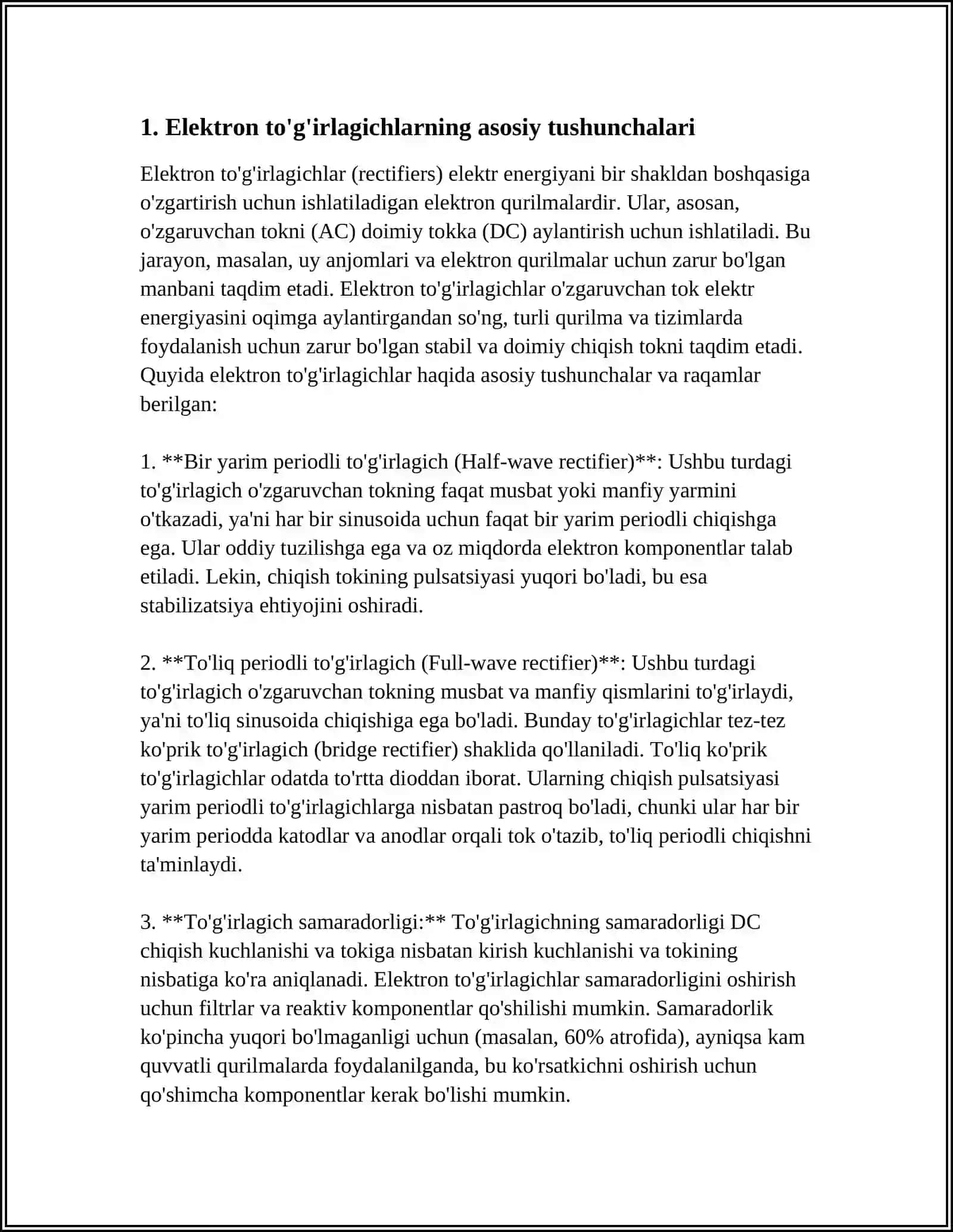 ELEKTRON TO'G'IRLAGICHLAR,BIR VA IKKI YARIM DAVRLI TO'G'IRLASH SXEMALARI.INVERTORLAR VA ULARNING ISHLATILISHI 3