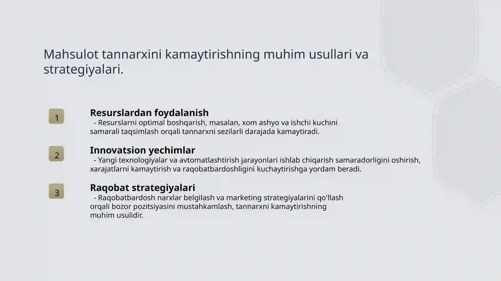 Biznes va tadbirkorlik subyektlarida mahsulot tannarxining kamaytirish yo'llari 3