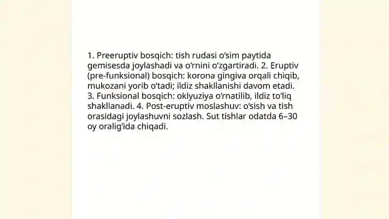 Tishlarni chiqishi ildizlarning shakllanishi va sut tishlar ildizlarining soʻrilish muddatlari 3