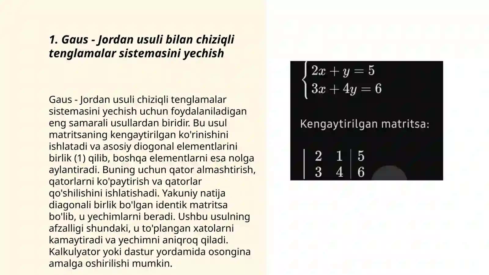 Gaus - Jordan usuli bilan chiziqli tenglamalar sistemasini yechish 3