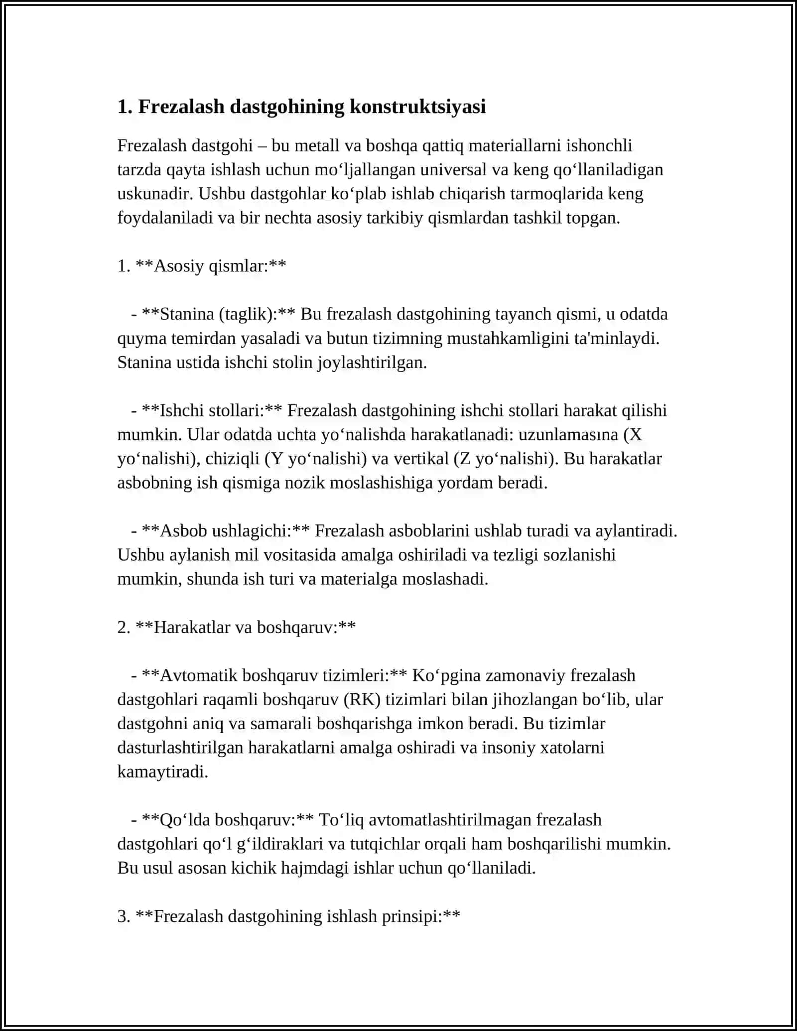 FREZALASH DASTGOHI KONSTRUKSIYASINI O'RGANISH 3