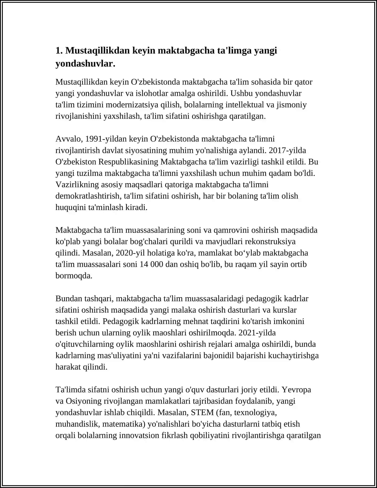 O'ZBEKISTON MUSTAQILLIKKA ERISHGANDAN KEYIN KEYINGI DAVRDAGI MAKTABGACHA TA'LIM MUSTAQILLIK YILLARIDA MAKTABGACHA TA'LIM TIZIMIGA YANGICHA YONDASHUV 3