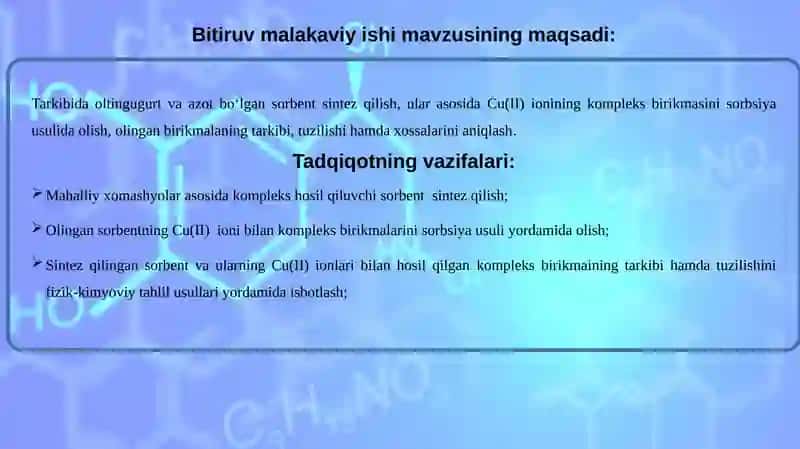 Tarkibida oltingugurt va azot bo`lgan sorbentlar  sintezi hamda ularning qo`llanilishi 3