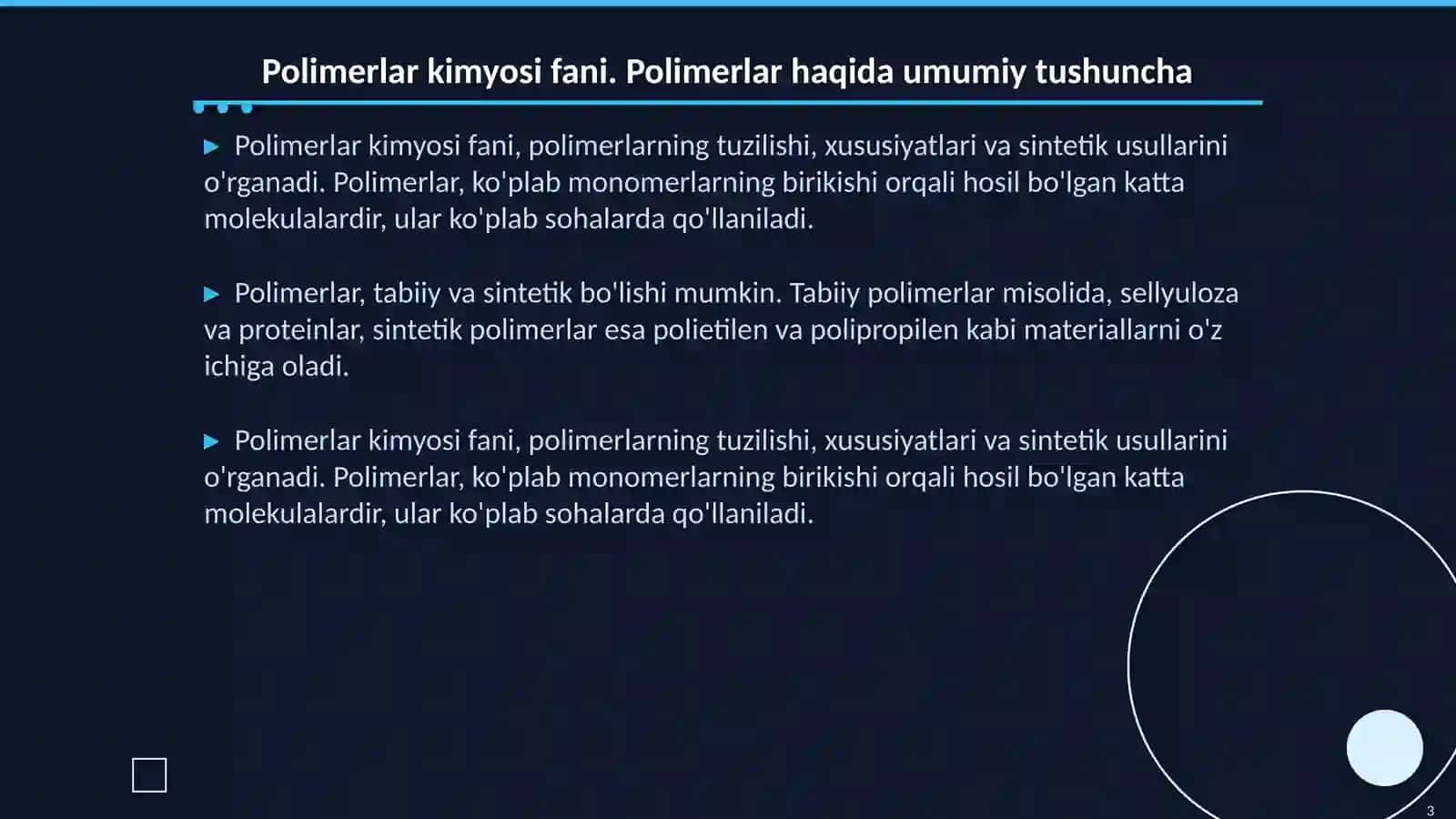 Polimerlar kimyosi fani. Polimerlar va ularning oʻziga xos xususiyatlari 3