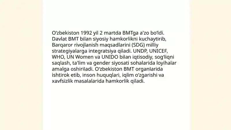 Oʻzbekistonning xalqaro tashkilotlar bilan hamkorlik aloqalari 3