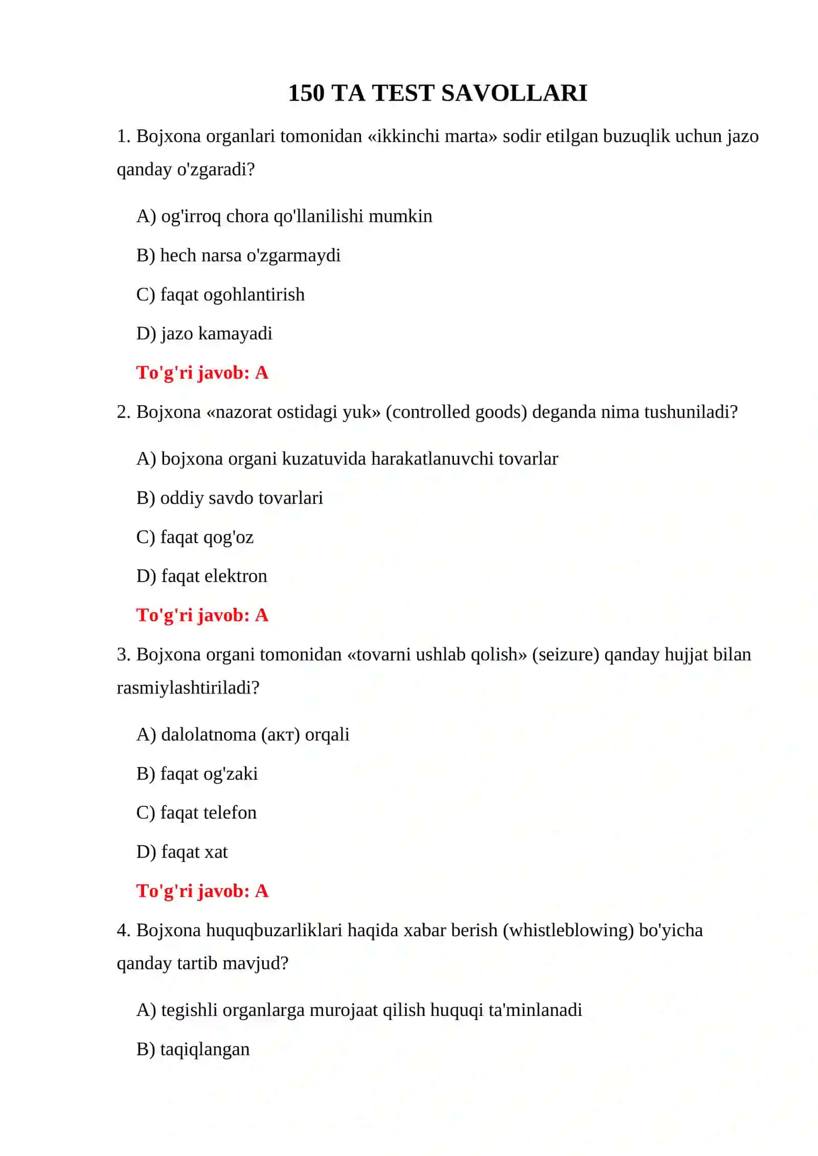 BOJXONA HUQUQBUZARLIGI UCHUN JAVOBGARLIK TESTLARI 3