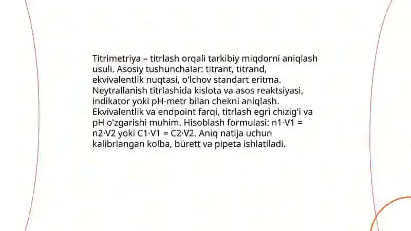 Titrimetriya asoslari. Neytrallanish usulining klinik laboratoriyalarda qo’llanilishi 3