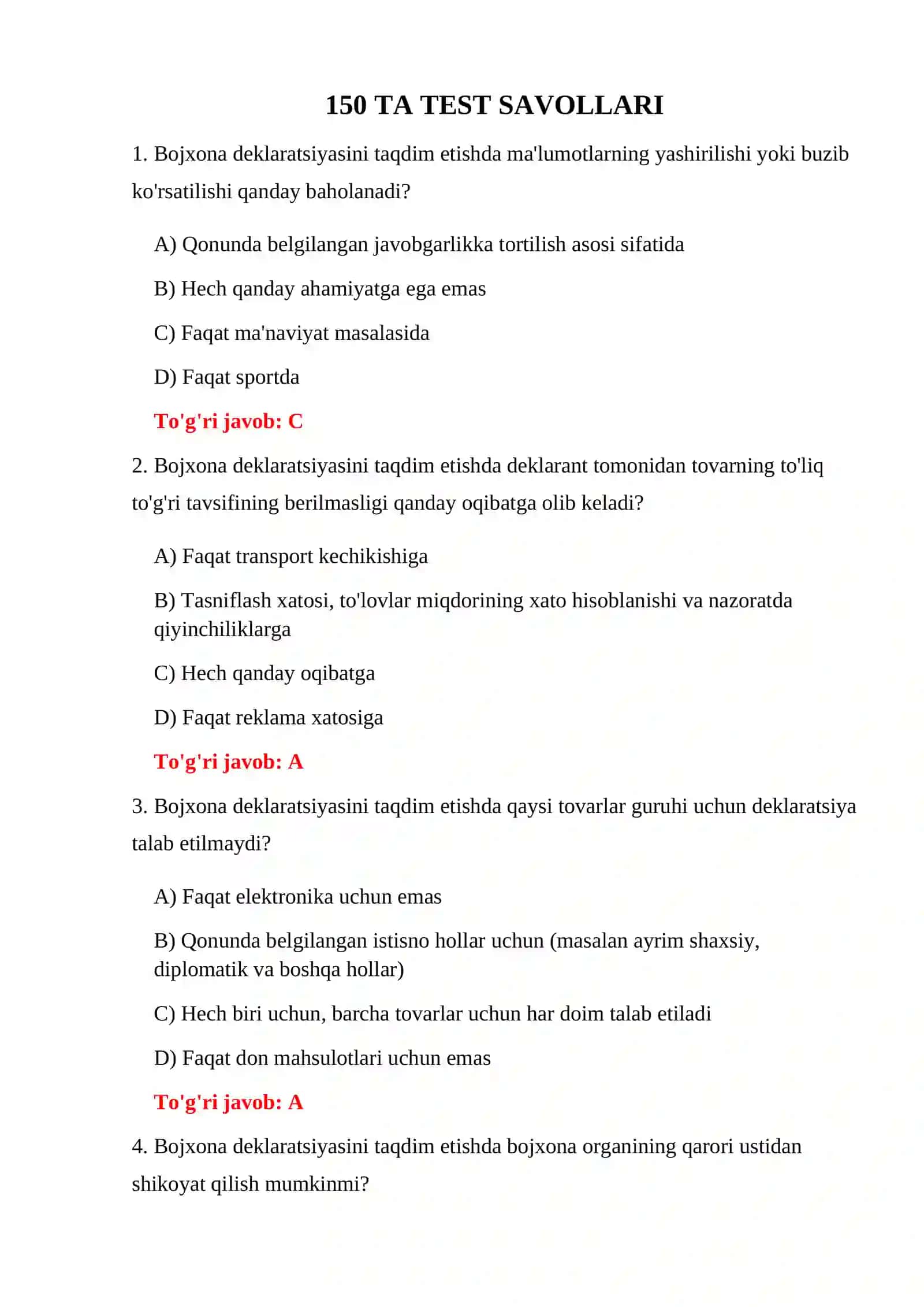ELEKTRON BOJXONA DEKLARATSIYASI TESTLARI 3