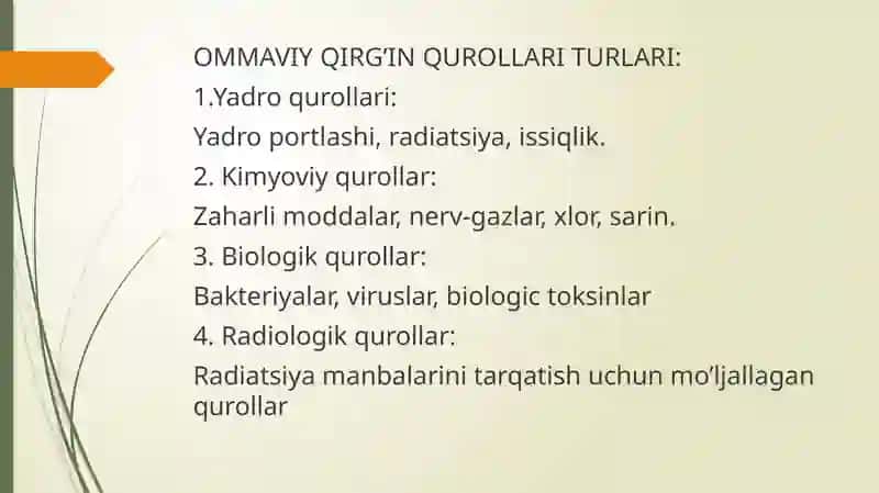 Aholini ommaviy qirg'in qurollaridan himoya qilish 3
